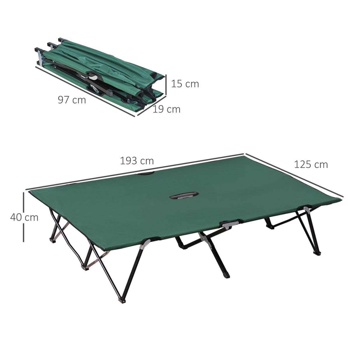 Folding Camping Bed For 2 People, Folding Camp Bed With Carrying Bag, Can Hold Up To 136 Kg, Steel Oxford Green + Black, 193 X 125 X 40 Cm