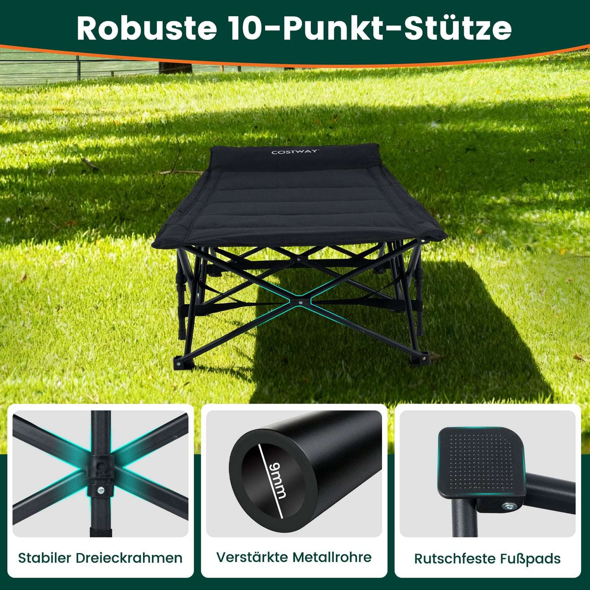 Folding Camping Bed for Adults with 10-Point Support System