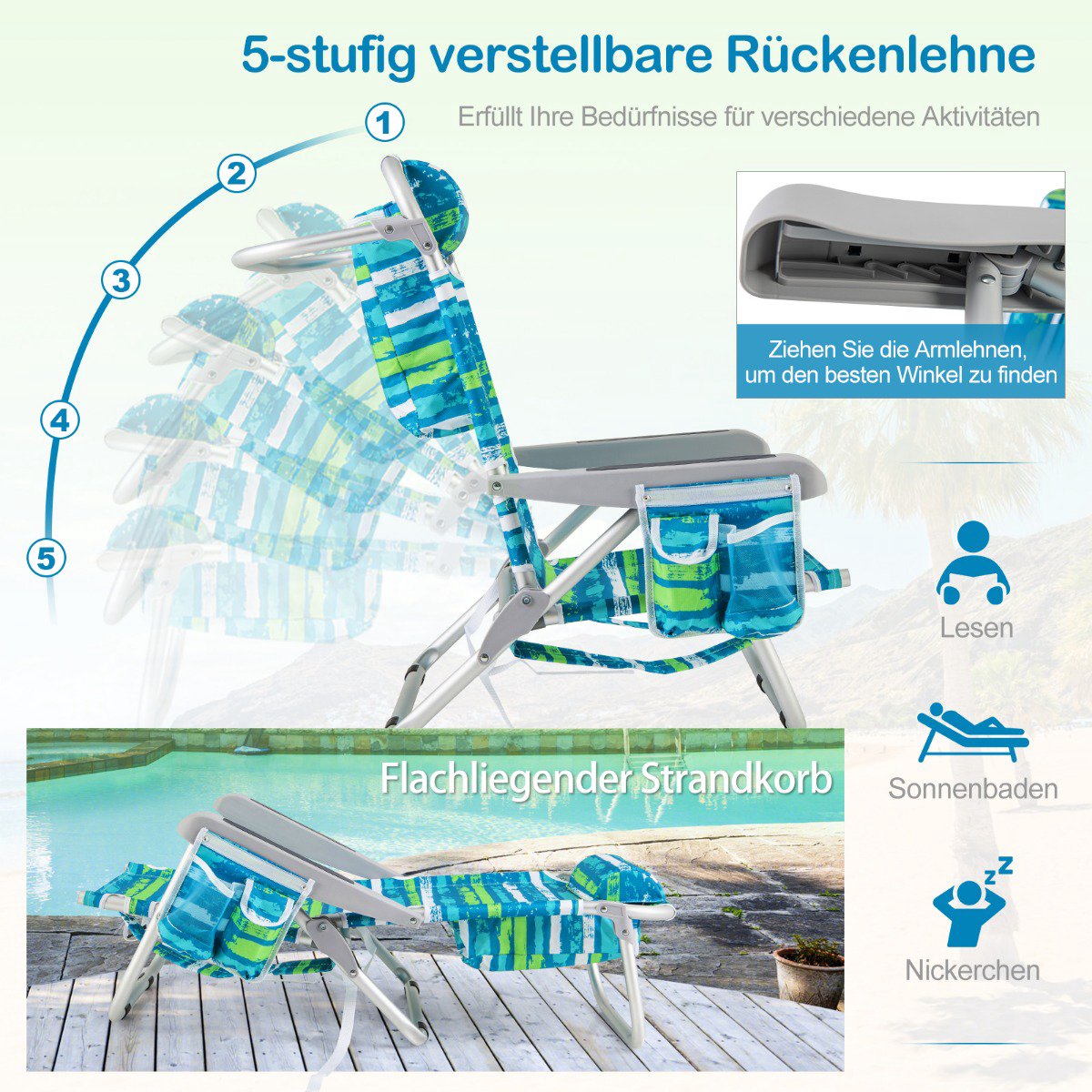 Folding Camping Chair with Adjustable Backrest for Beach and Outdoor Use
