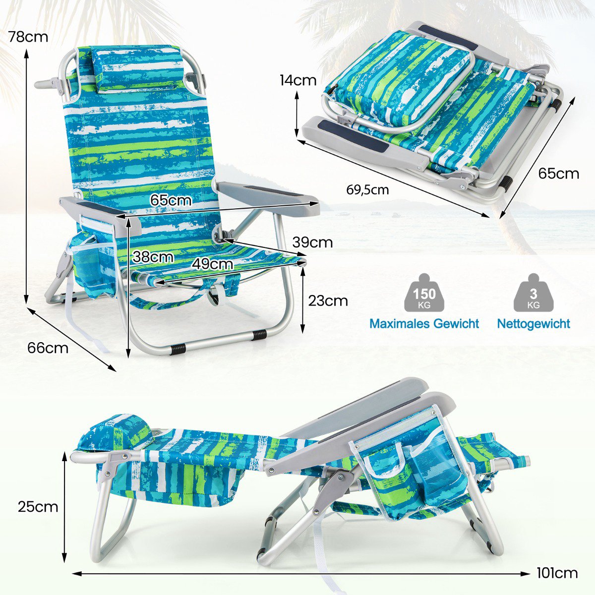 Folding Camping Chair with Adjustable Backrest for Beach and Outdoor Use