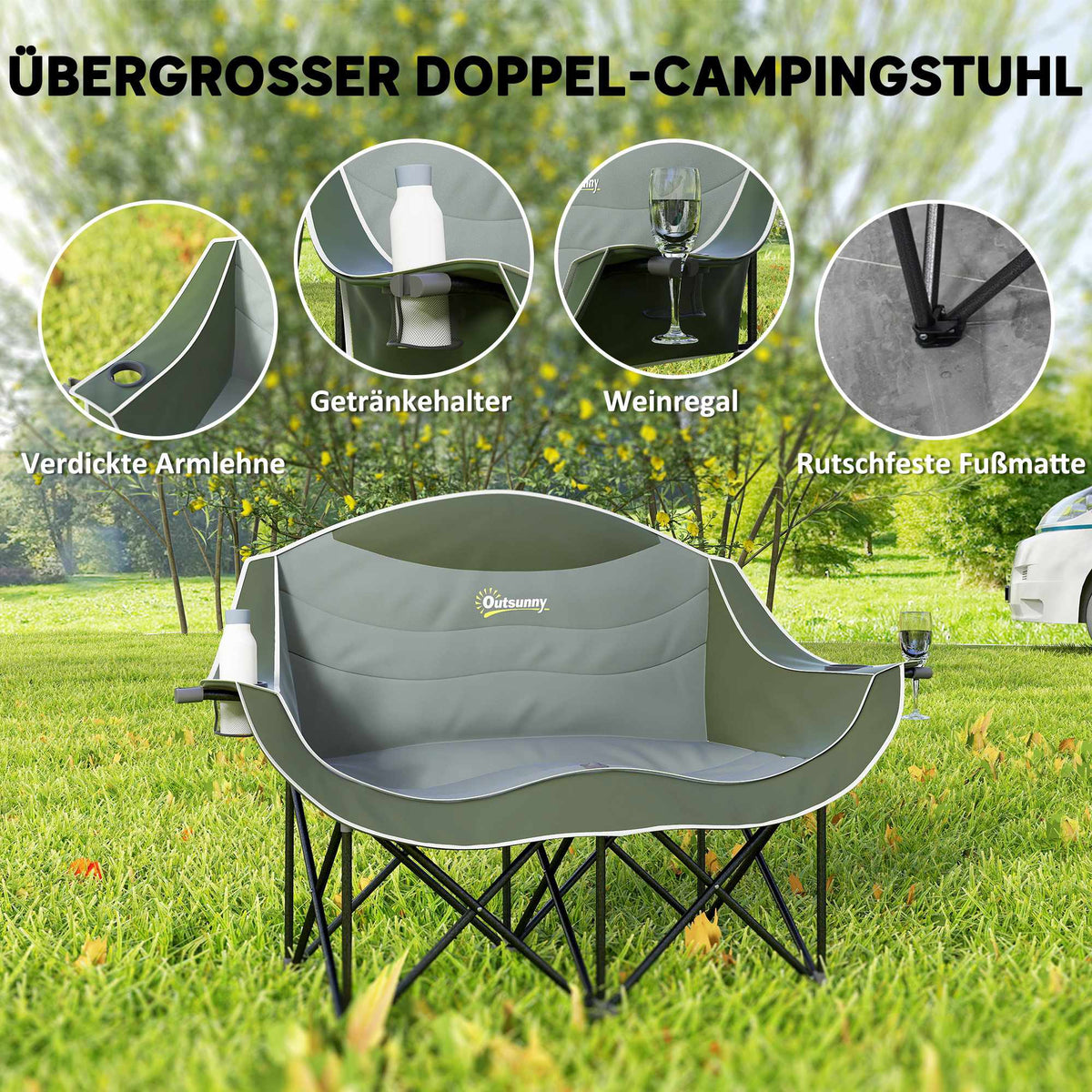 Folding Camping Chair with Dual Padded Seats and Cup Holders
