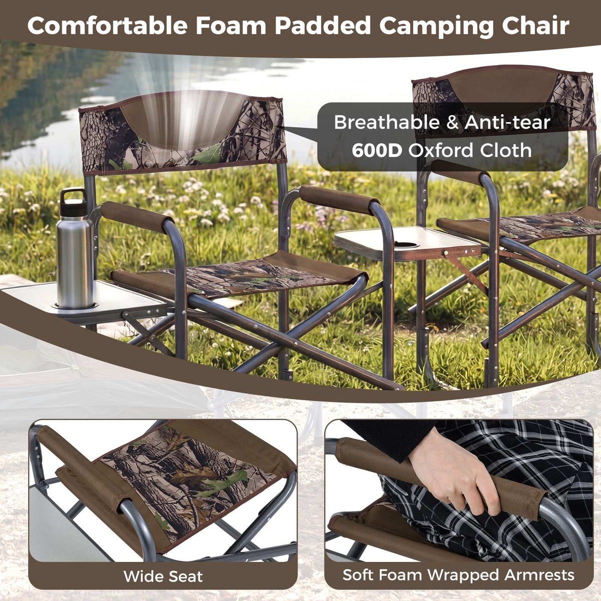 Folding Camping Chair with Side Table, 400 lb Capacity