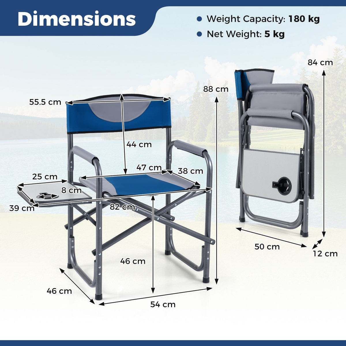Folding Camping Chair with Side Table and Cup Holder, 400 lb