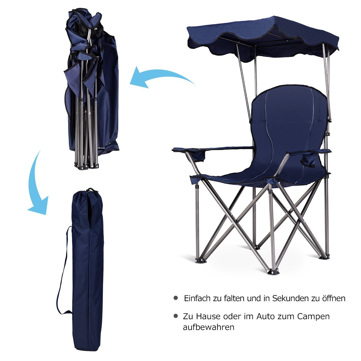 Folding Camping Chair with Sunshade, Cup Holders, Blue