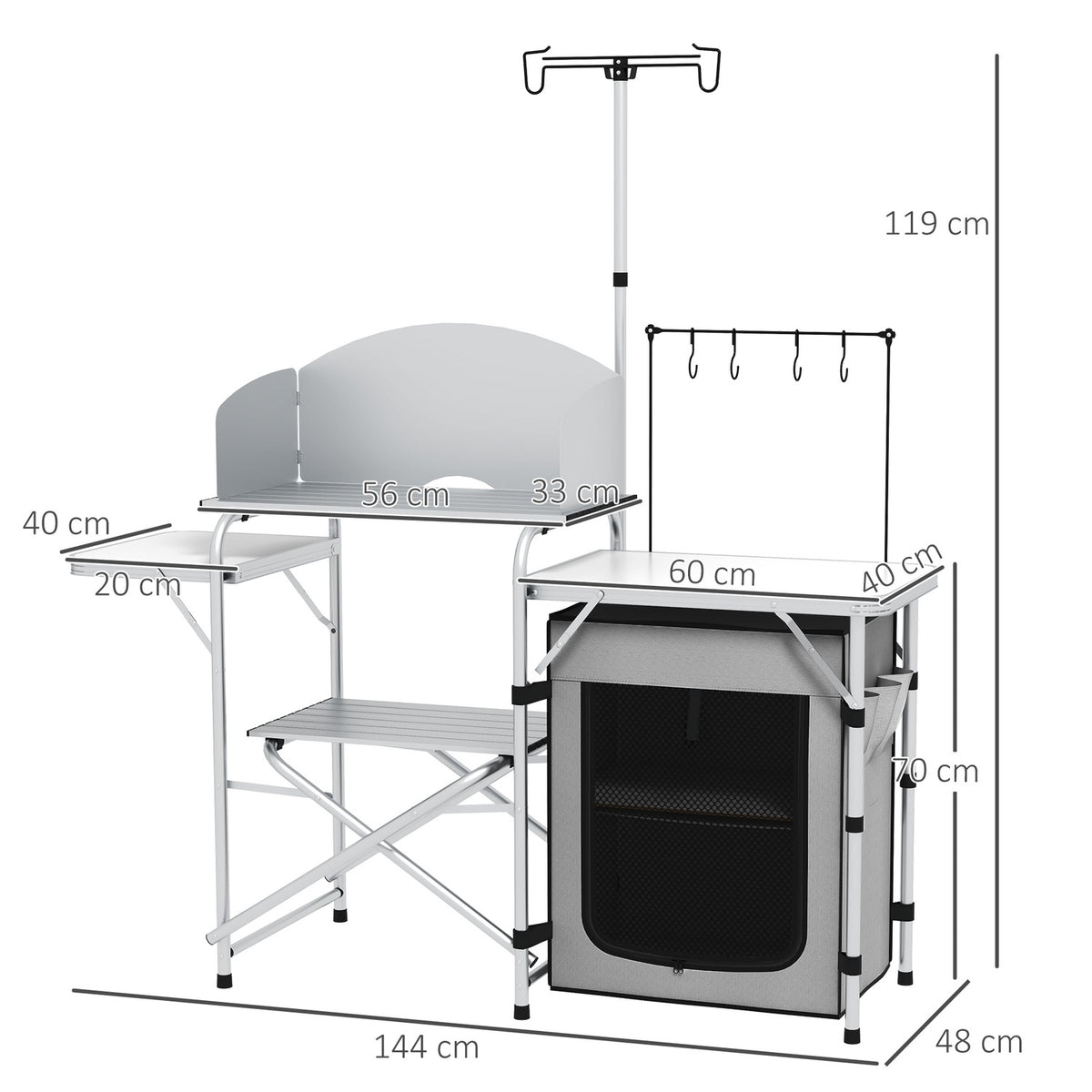 Folding Camping Kitchen, Outdoor Kitchen With Uv Protection, Wind Protection, Cupboard Compartment, 3 Worktops, Light Stand, Aluminum