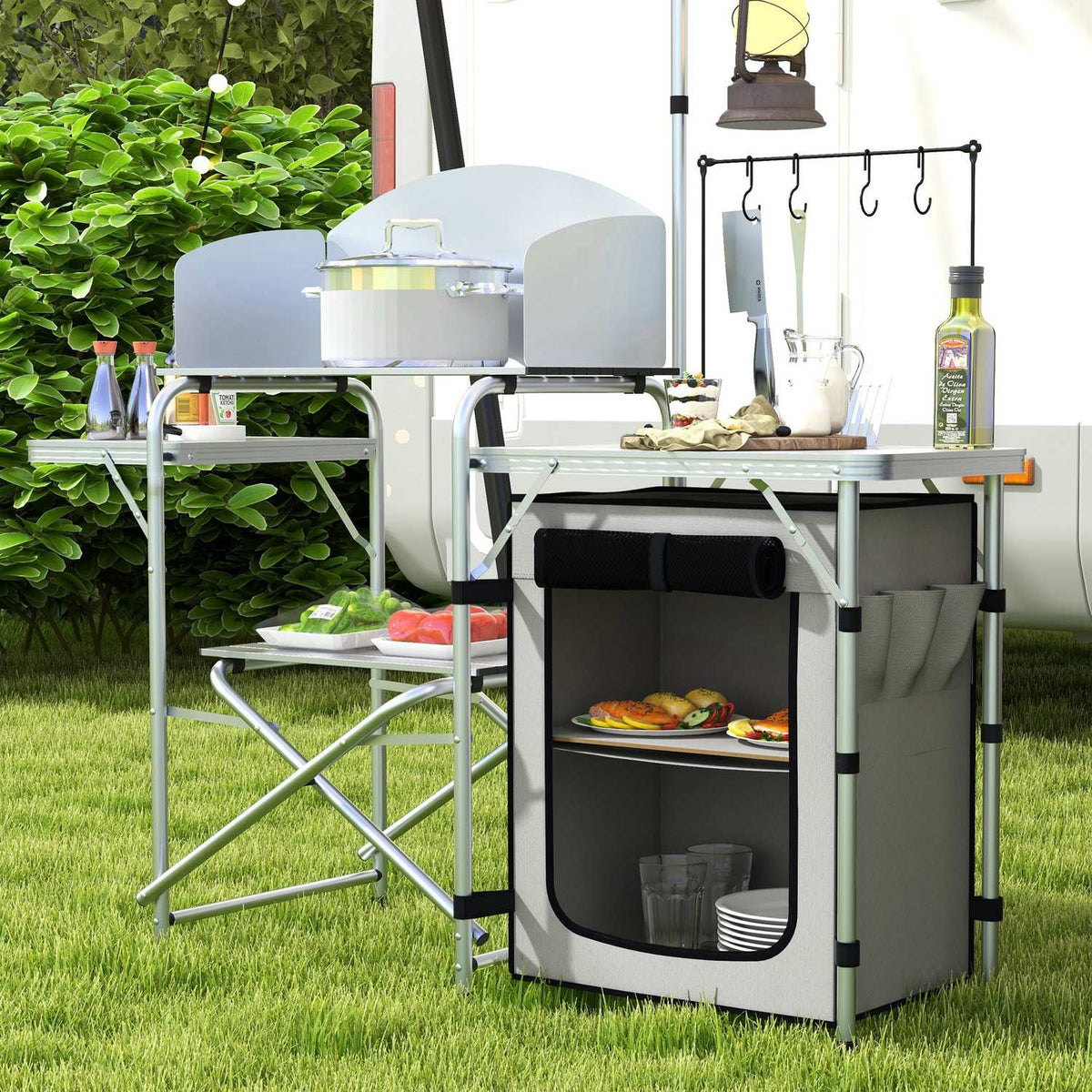 Folding Camping Kitchen, Outdoor Kitchen With Uv Protection, Wind Protection, Cupboard Compartment, 3 Worktops, Light Stand, Aluminum