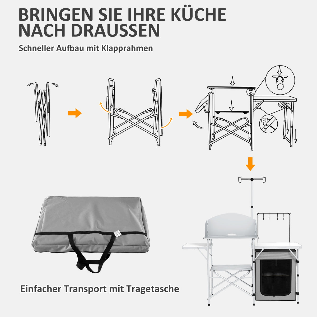 Folding Camping Kitchen, Outdoor Kitchen With Uv Protection, Wind Protection, Cupboard Compartment, 3 Worktops, Light Stand, Aluminum