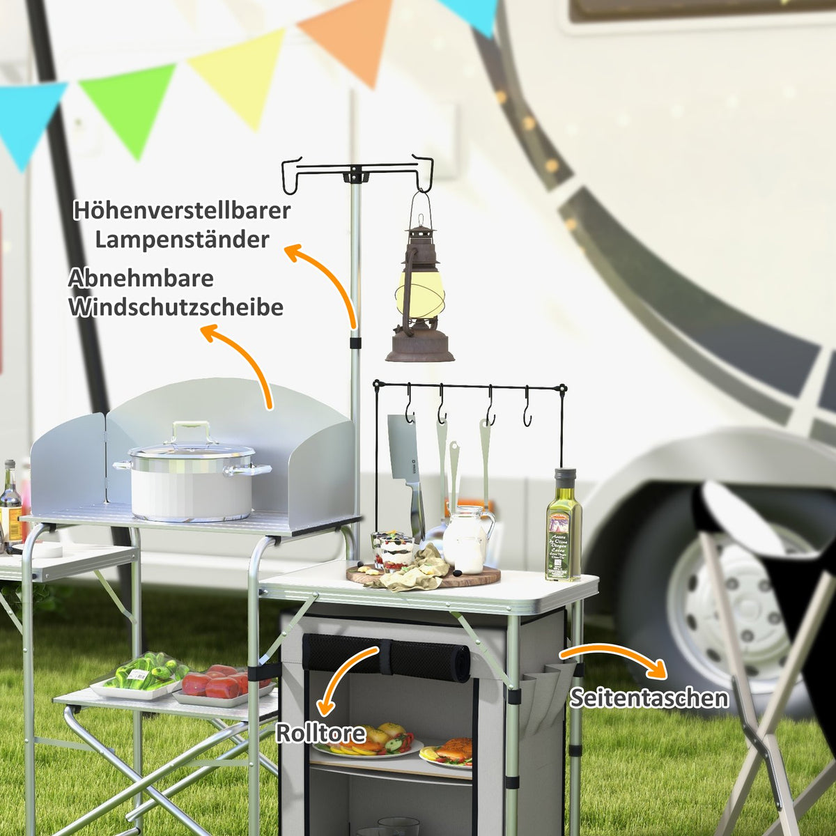 Folding Camping Kitchen, Outdoor Kitchen With Uv Protection, Wind Protection, Cupboard Compartment, 3 Worktops, Light Stand, Aluminum