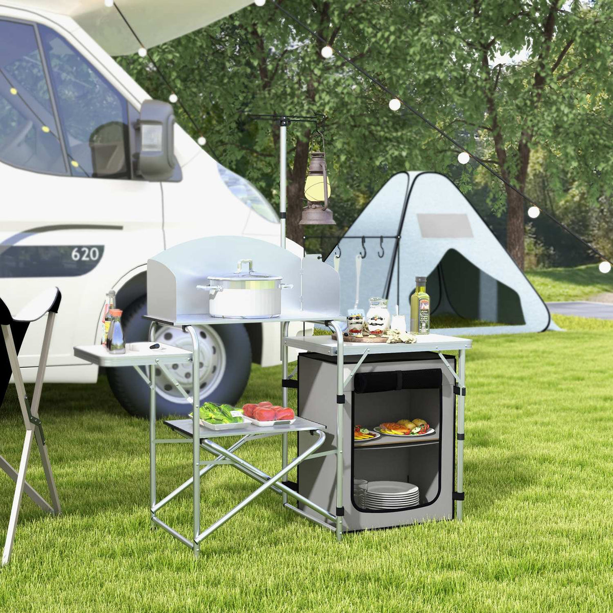 Folding Camping Kitchen, Outdoor Kitchen With Uv Protection, Wind Protection, Cupboard Compartment, 3 Worktops, Light Stand, Aluminum