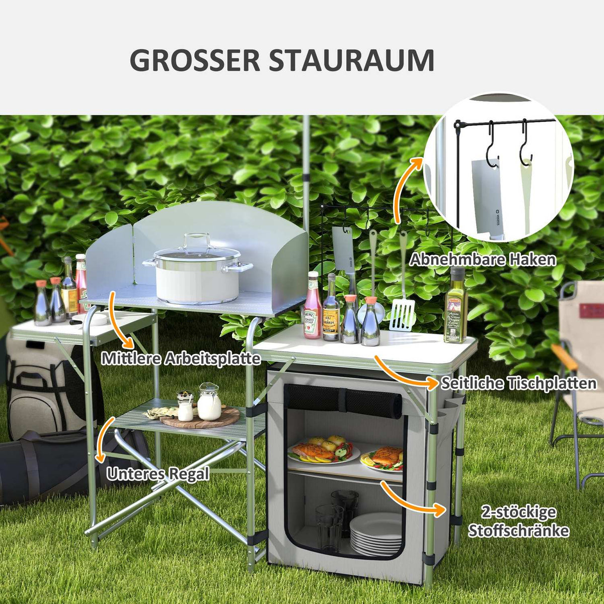 Folding Camping Kitchen, Outdoor Kitchen With Uv Protection, Wind Protection, Cupboard Compartment, 3 Worktops, Light Stand, Aluminum
