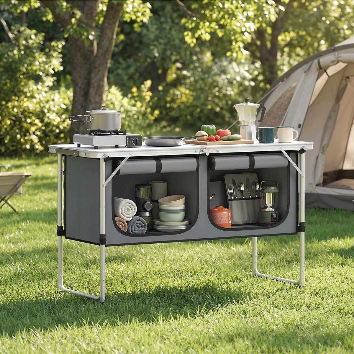Folding Camping Kitchen with Aluminum Frame and Storage