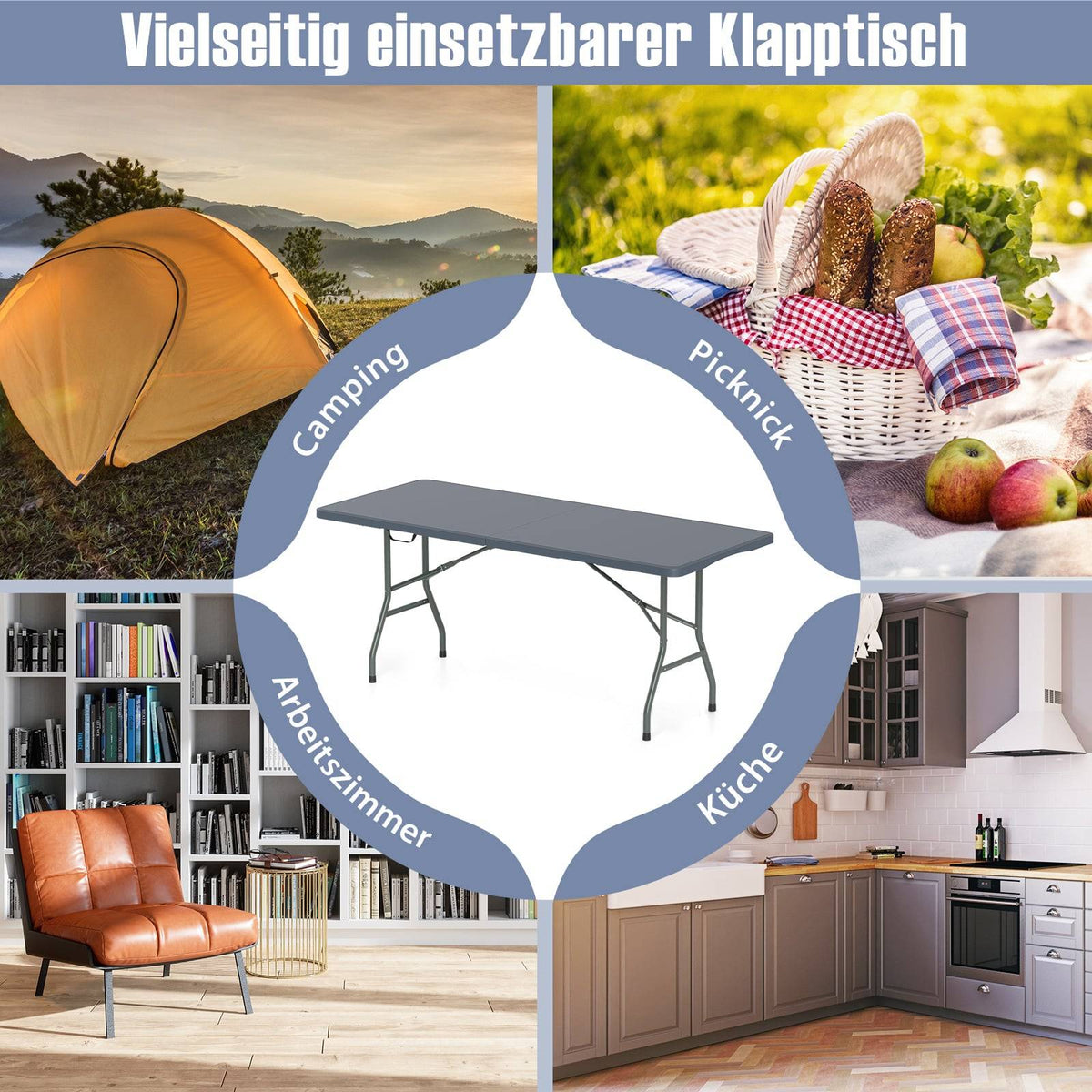 Folding Camping Table, 180x74cm, HDPE Top, Metal Legs