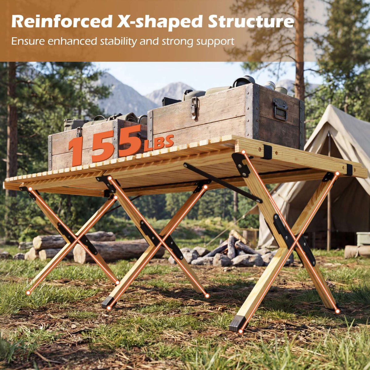 Folding Camping Table, 48 Inch Pine Wood With Carry Bag