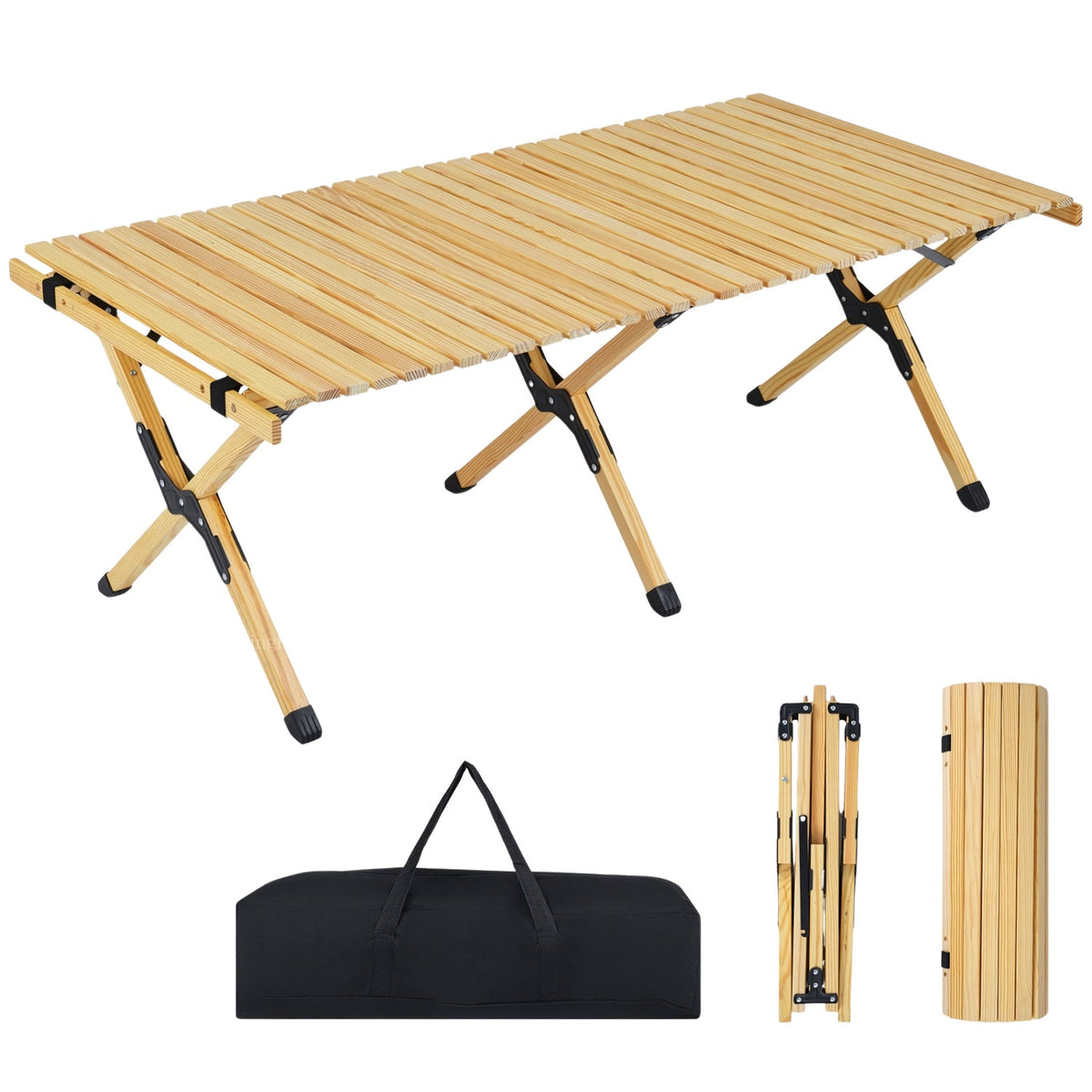 Folding Camping Table, 48 Inch Pine Wood With Carry Bag