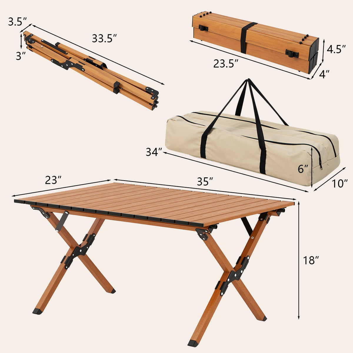 Folding Camping Table, Aluminum Roll-Up Top, Size M