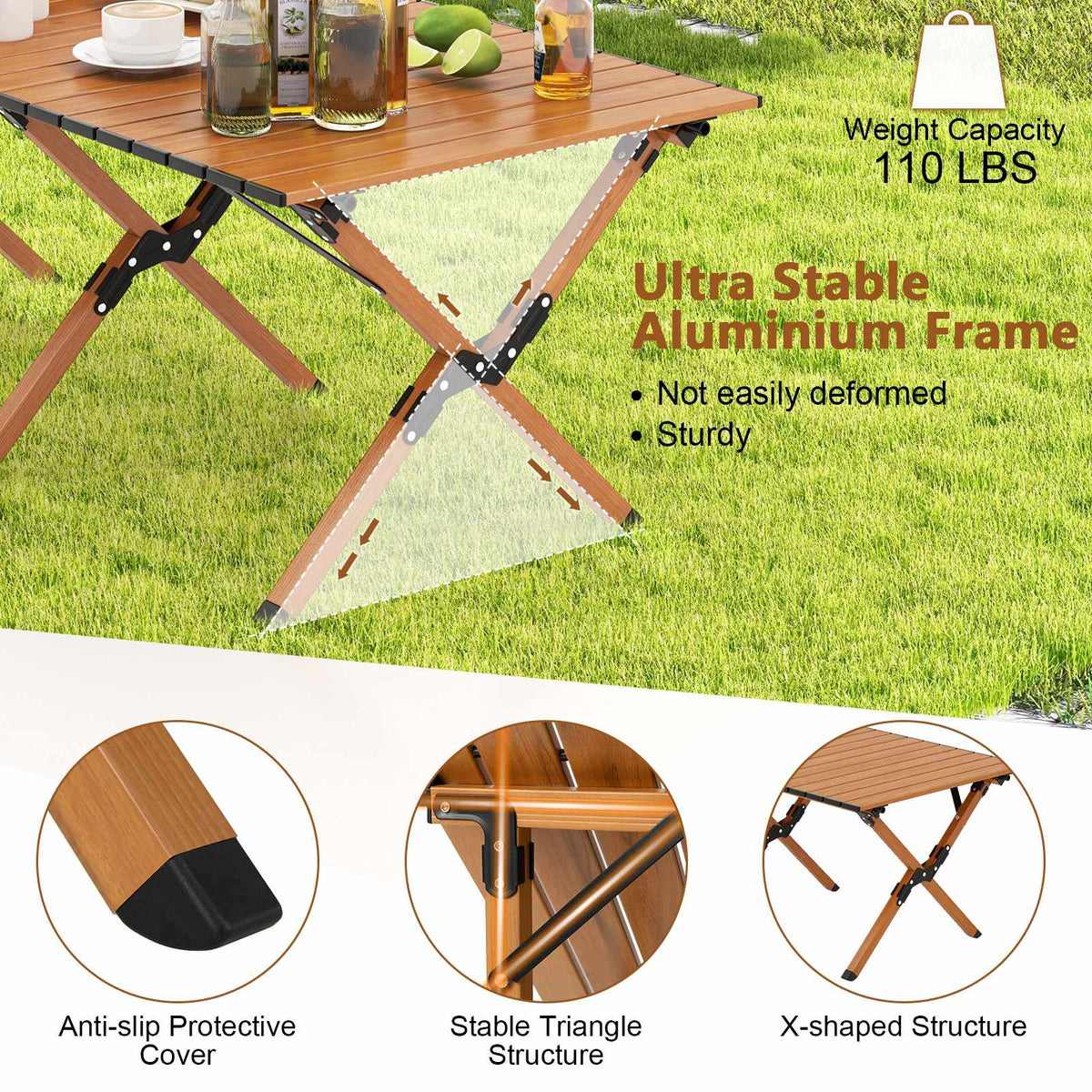 Folding Camping Table, Aluminum Roll-Up Top, Size M