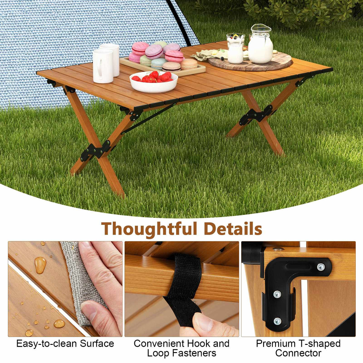 Folding Camping Table, Aluminum Roll-Up Top, Size M