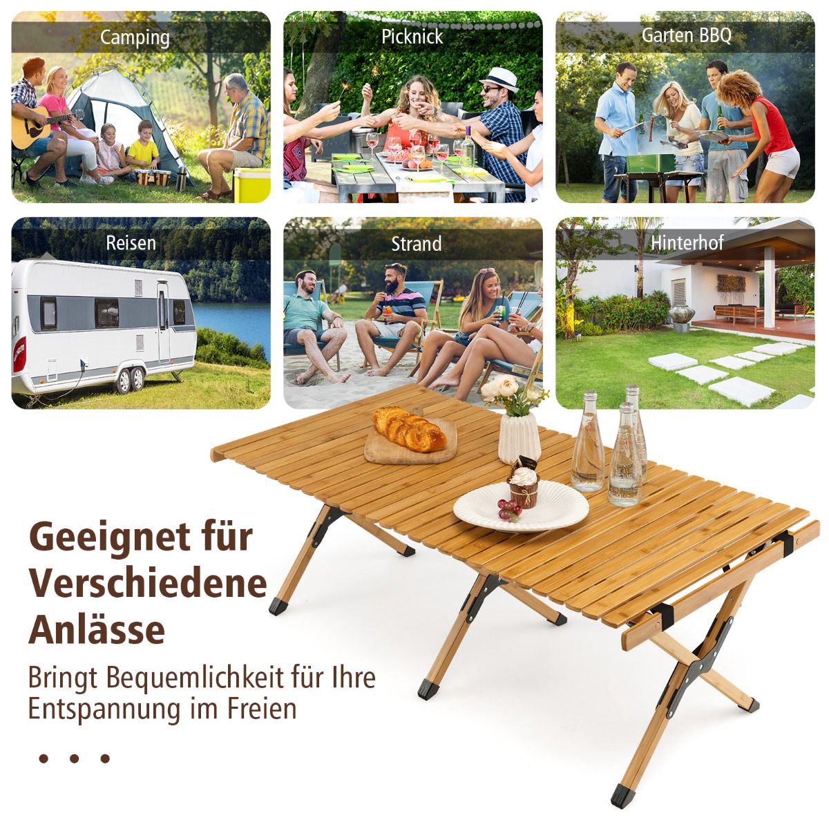 Folding Camping Table, Bamboo, Carry Bag, 122x60cm