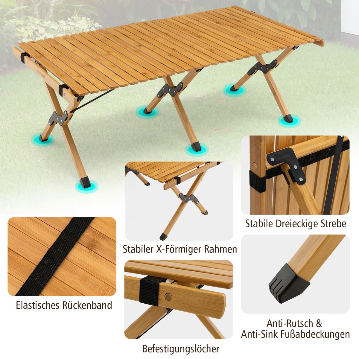 Folding Camping Table, Bamboo, Carry Bag, 122x60cm