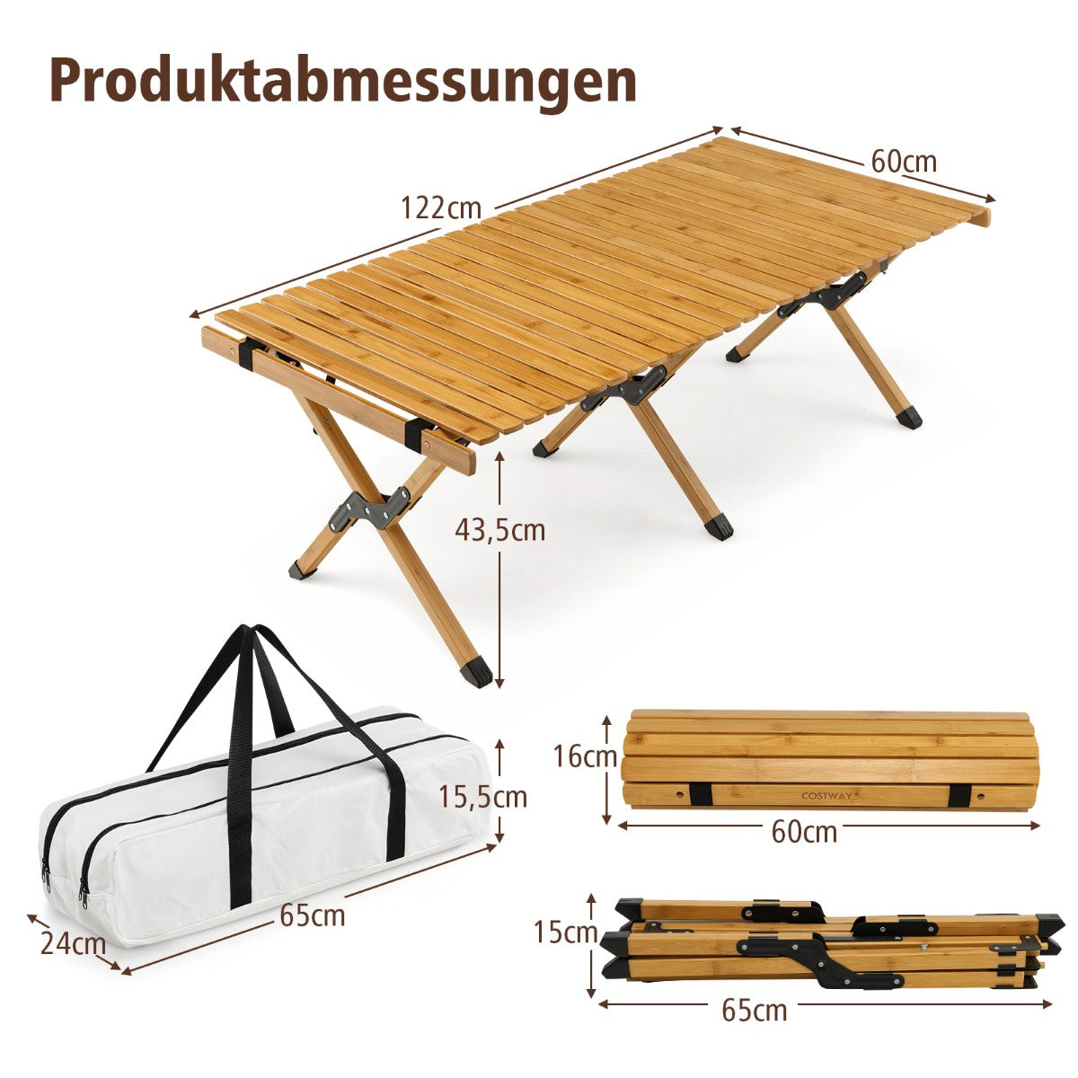 Folding Camping Table, Bamboo, Carry Bag, 122x60cm
