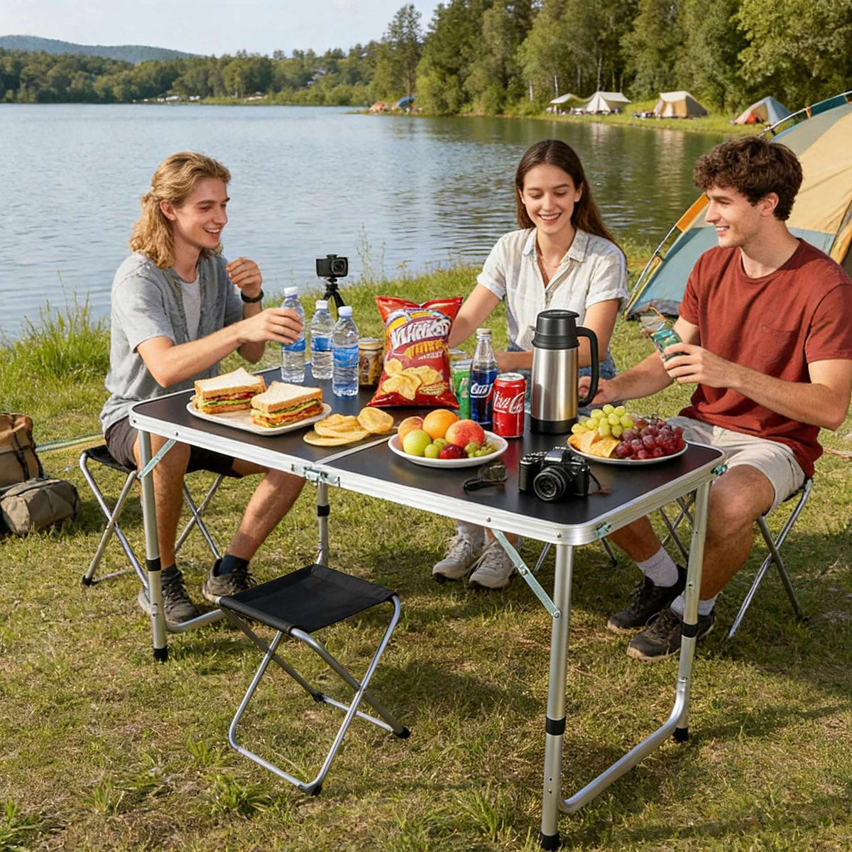 Folding Camping Table with 4 Stools, Adjustable Height