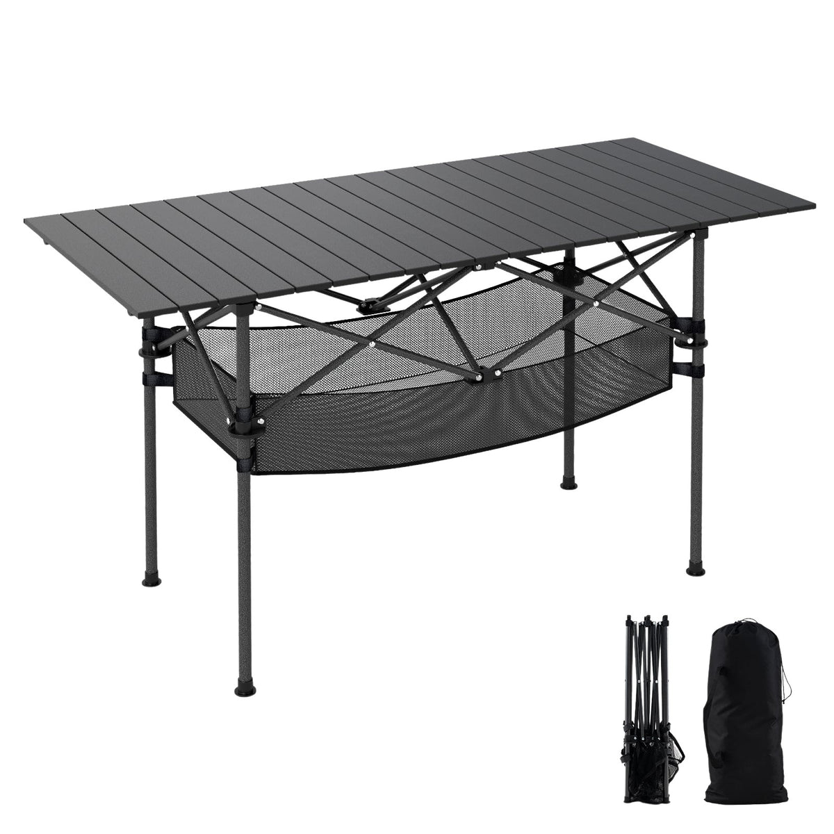Folding Camping Table with Roll-Up Aluminum Top, Black