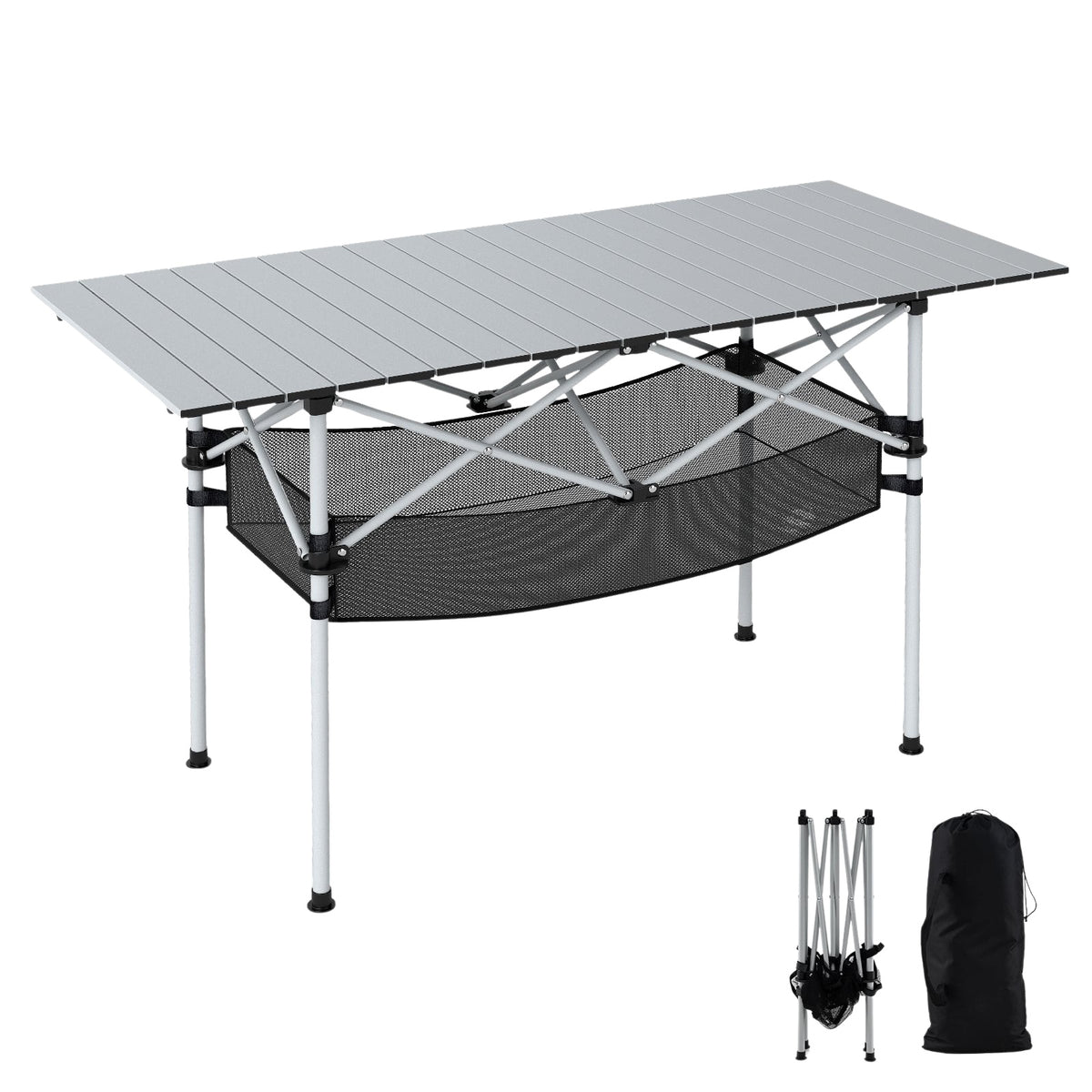 Folding Camping Table with Roll-Up Aluminum Top, Silver