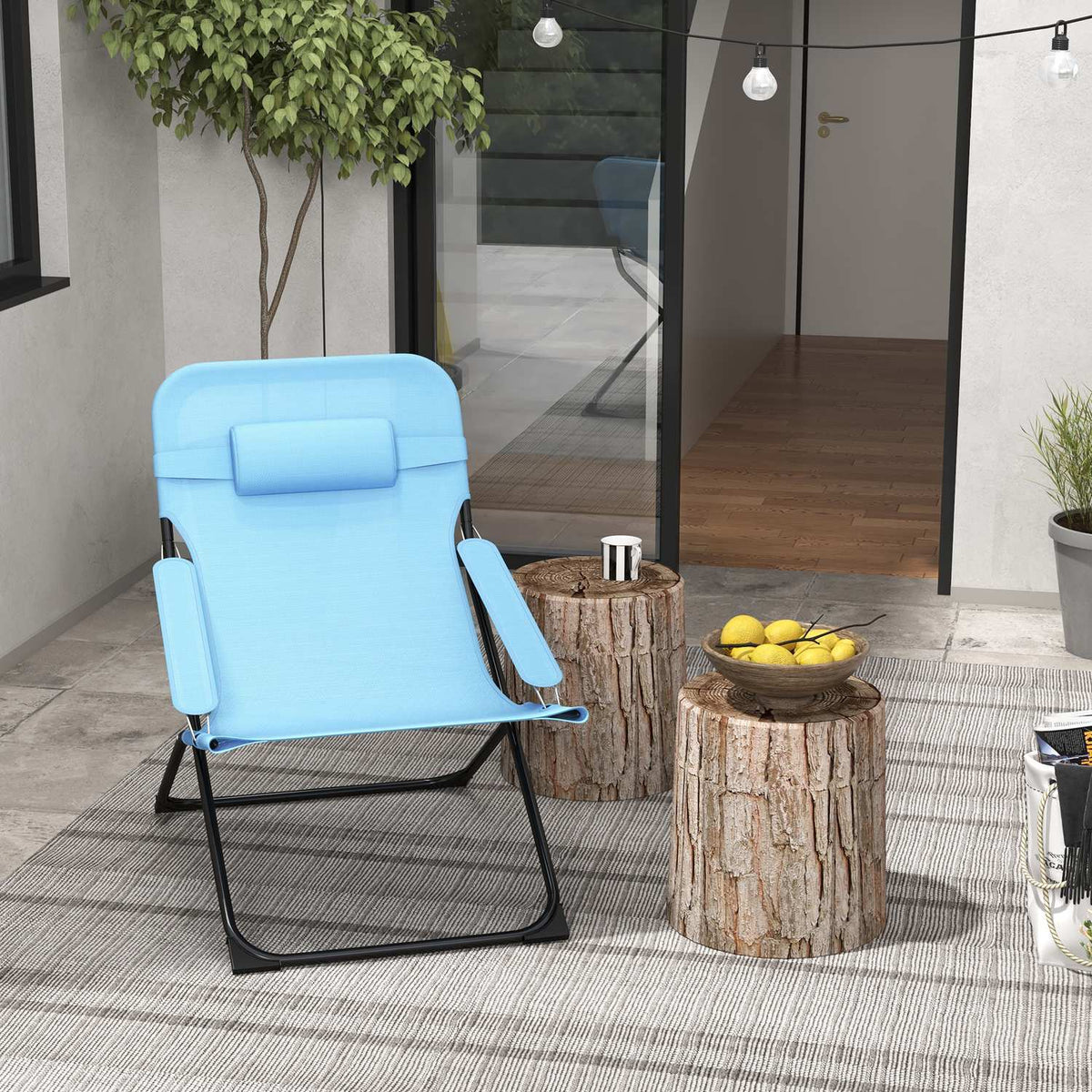 Folding Chair Garden Chair Adjustable Backrest Camping Chair Pillow 120Kg Mesh Blue