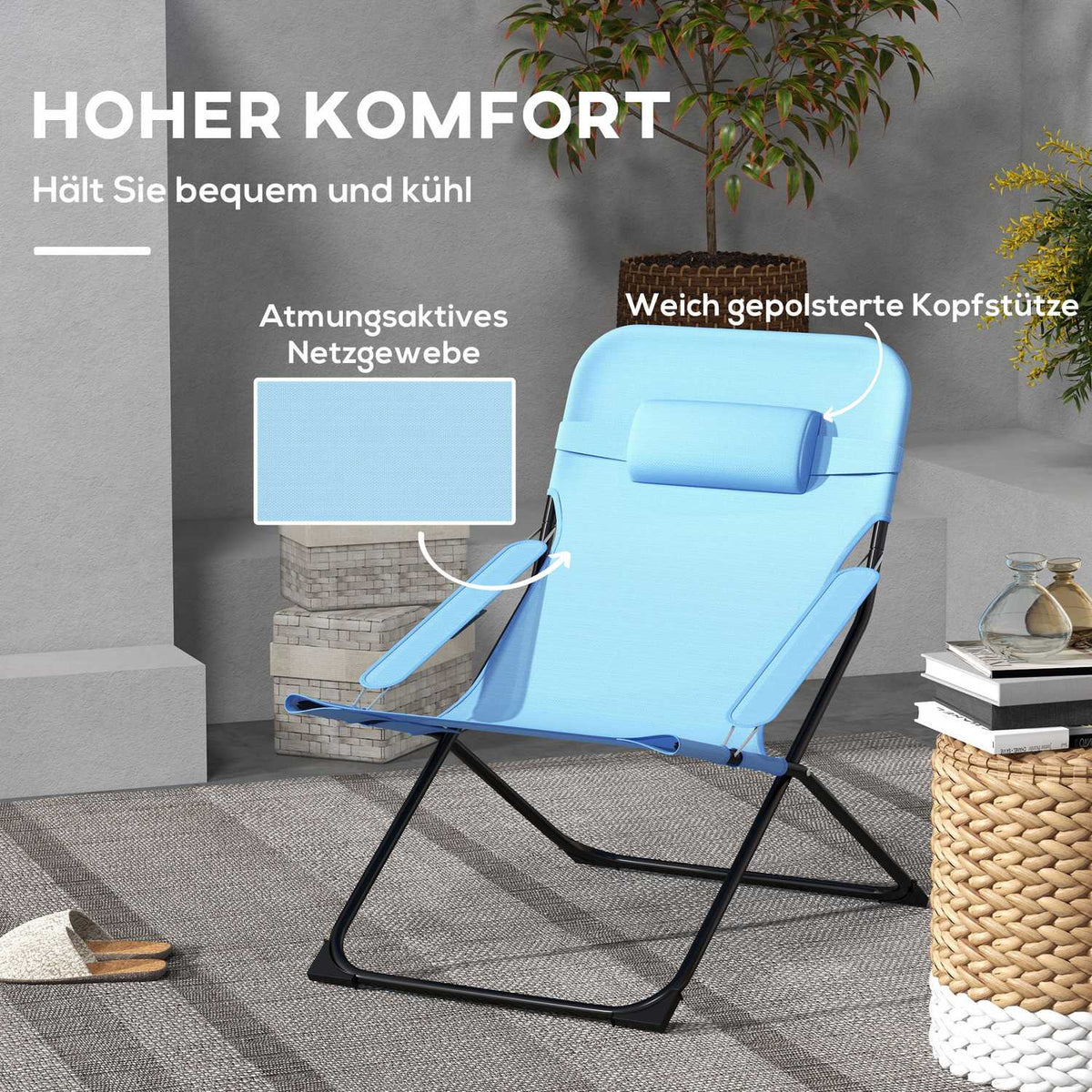 Folding Chair Garden Chair Adjustable Backrest Camping Chair Pillow 120Kg Mesh Blue