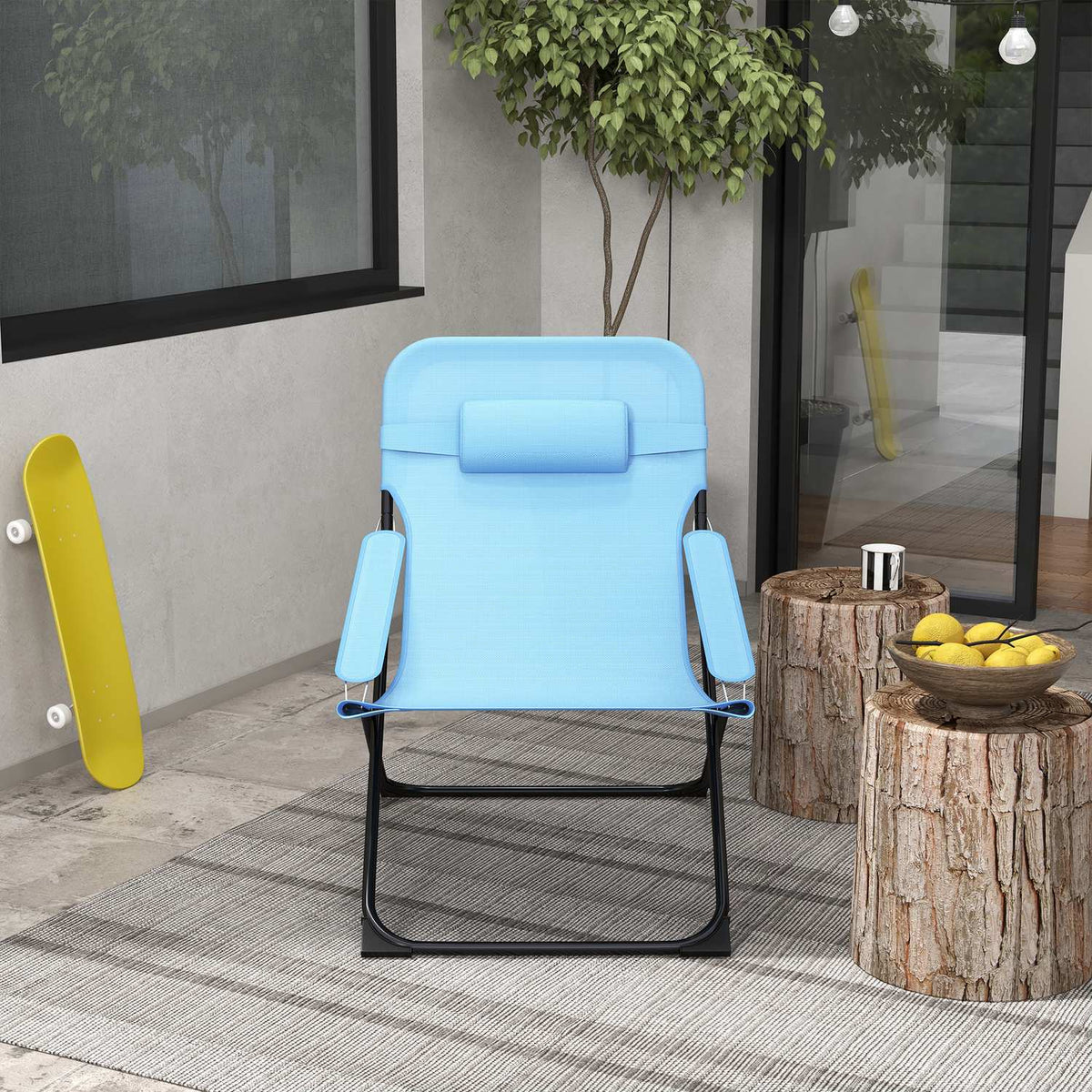 Folding Chair Garden Chair Adjustable Backrest Camping Chair Pillow 120Kg Mesh Blue