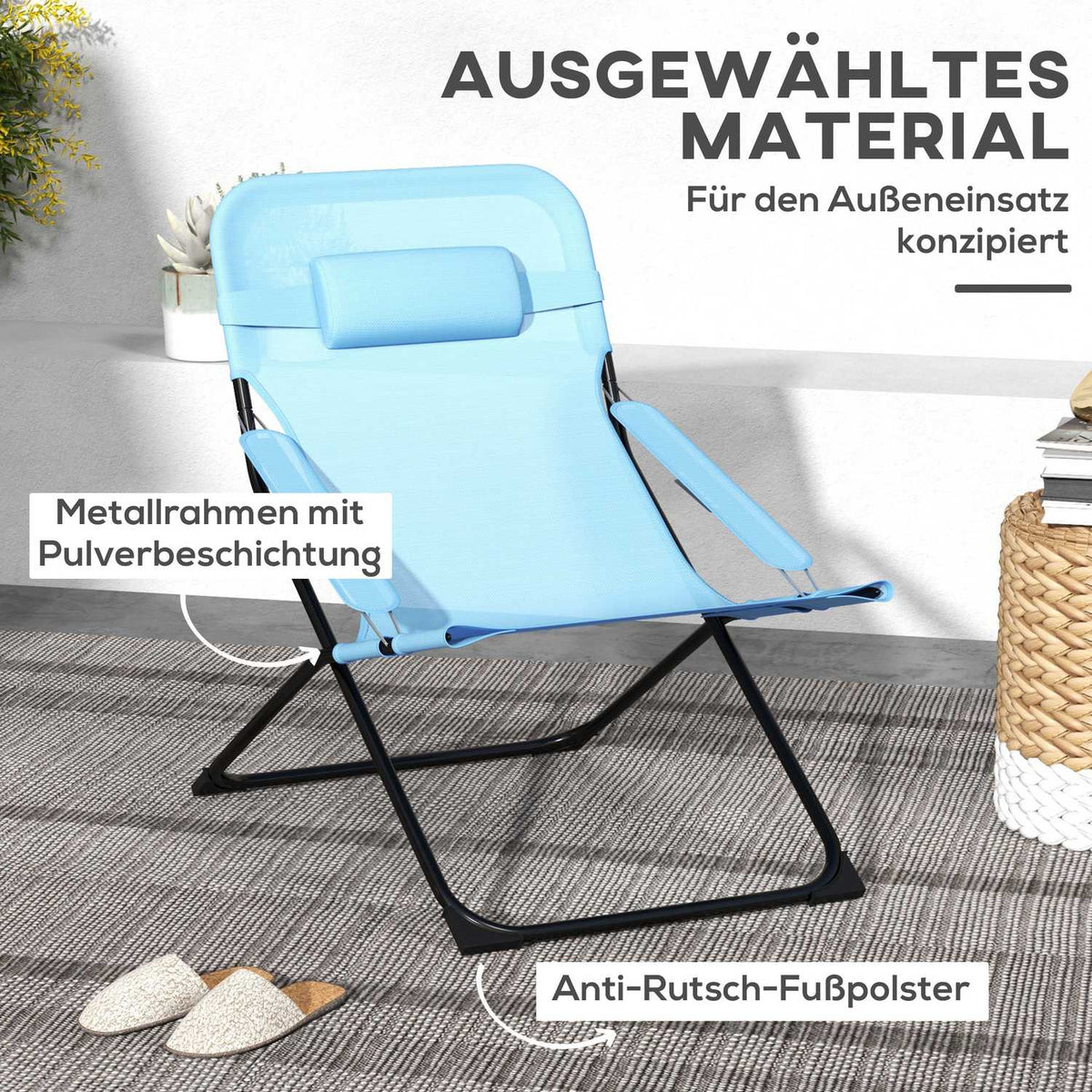 Folding Chair Garden Chair Adjustable Backrest Camping Chair Pillow 120Kg Mesh Blue