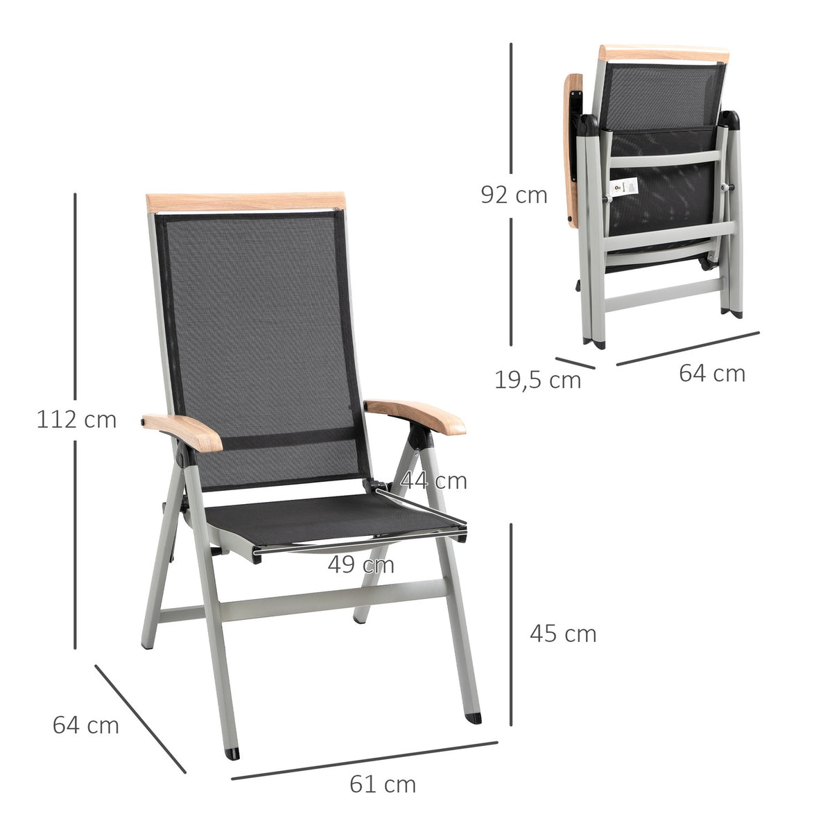 Folding Chair Garden Chair Aluminum Mesh Black Silver Backrest Armrest 61X64X112Cm