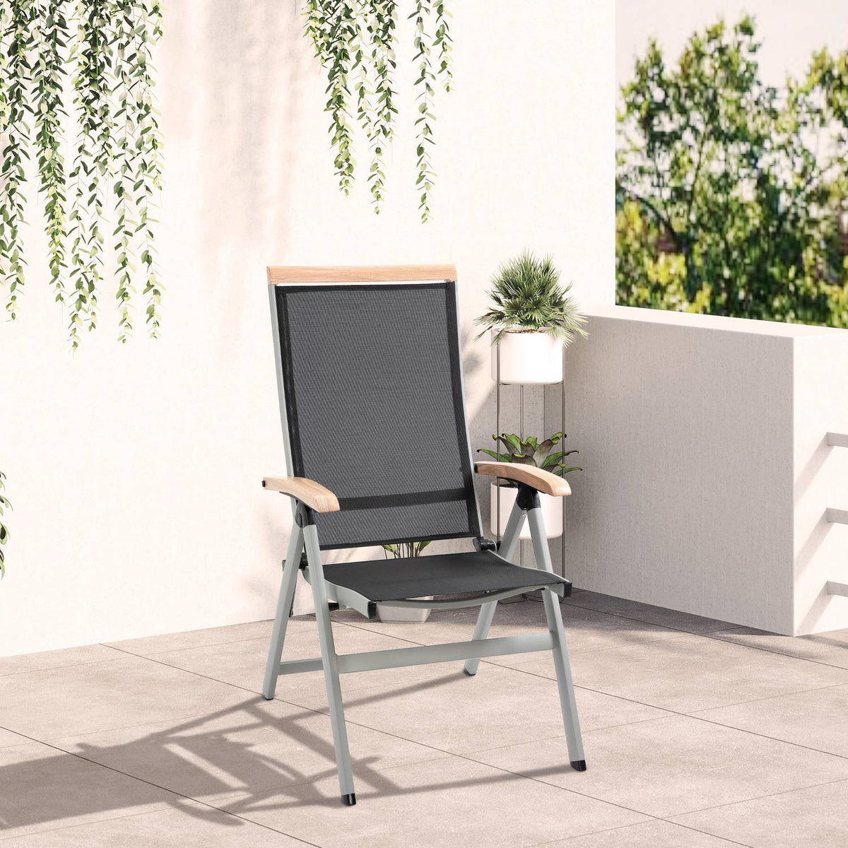 Folding Chair Garden Chair Aluminum Mesh Black Silver Backrest Armrest 61X64X112Cm