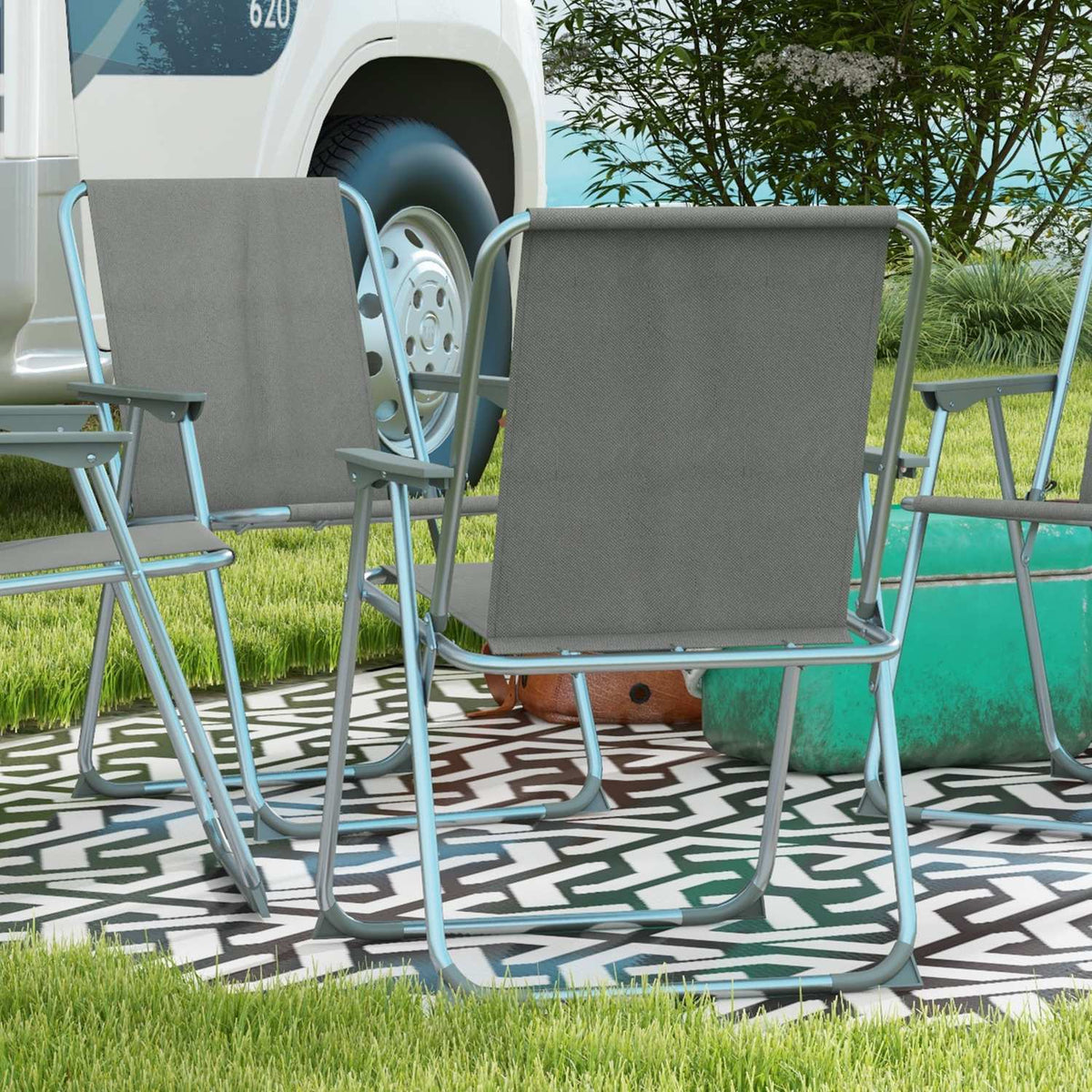 Folding Chair Set Of 4 Folding Garden Chairs With Backrest Armrest Camping Chair For Garden Balcony Oxford Gray 53 X 54 X 76 Cm
