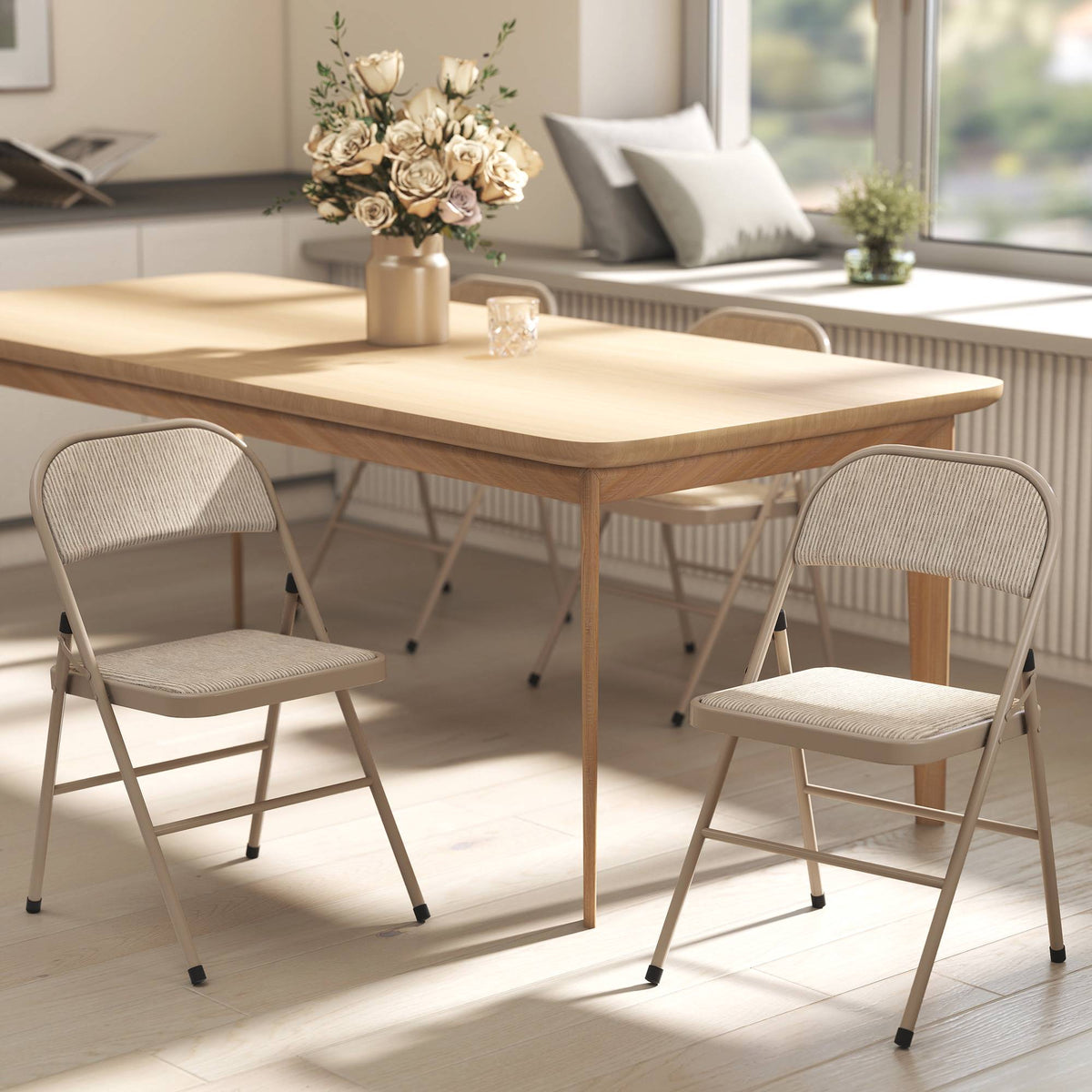 Folding Chairs 2-Pack, Metal Legs, Linen Look, Beige
