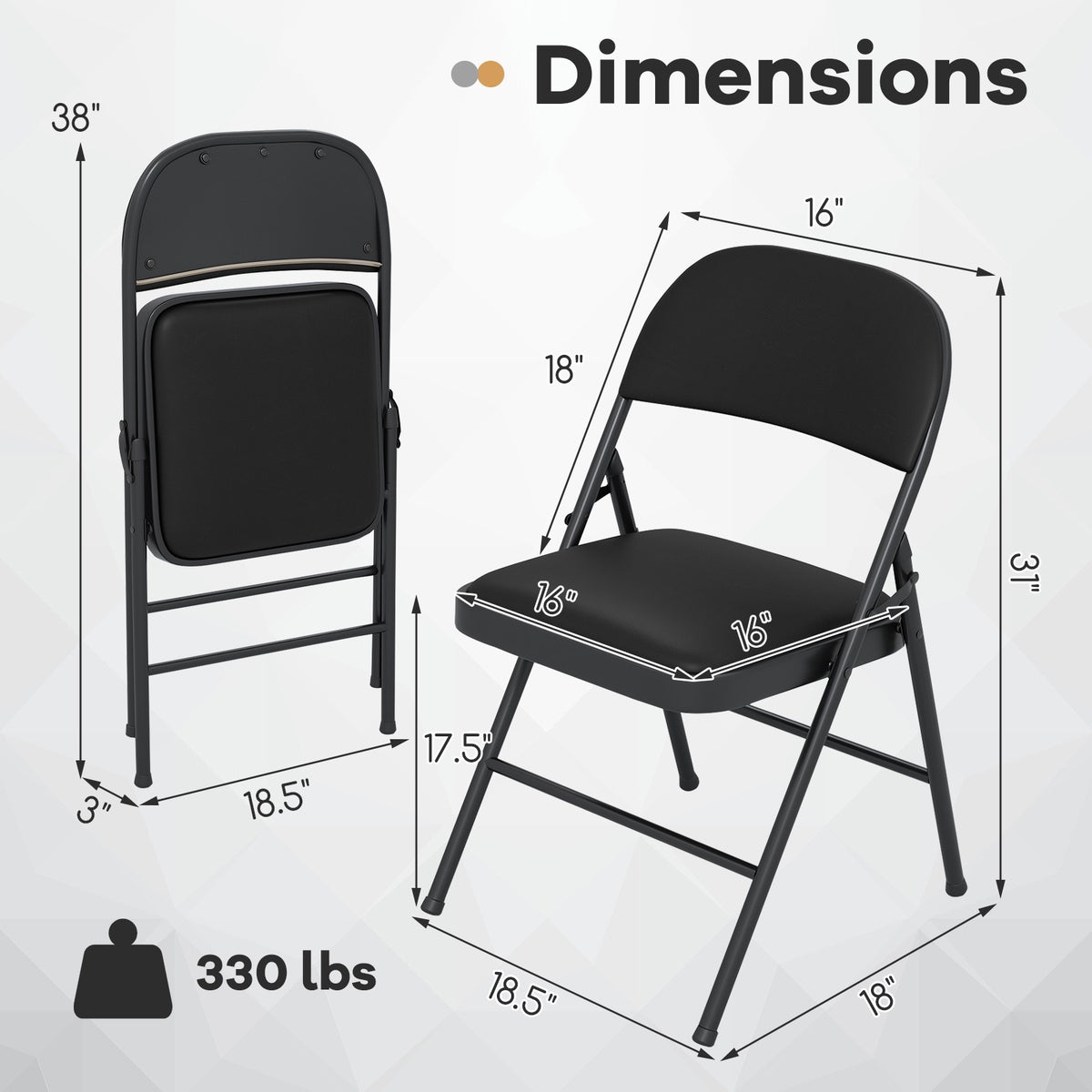 Folding Chairs, Padded PVC Leather, Metal Frame, 2-Pack, Black