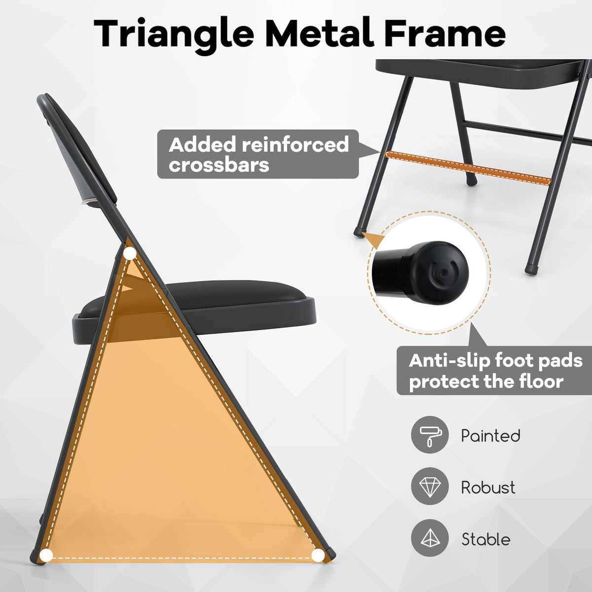 Folding Chairs, Padded PVC Leather, Metal Frame, 2-Pack, Black