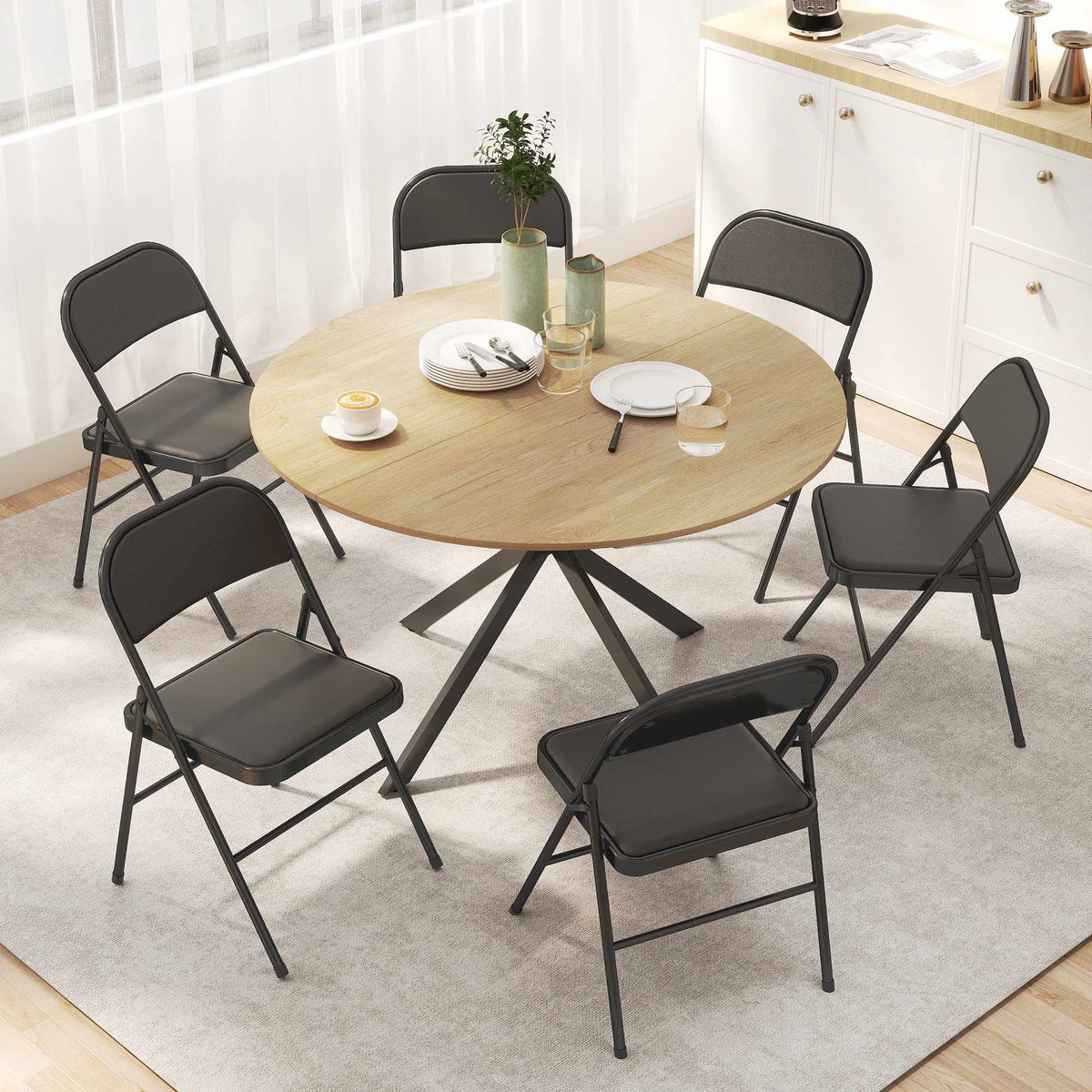 Folding Chairs Set of 6, Black Faux Leather, Steel Frame