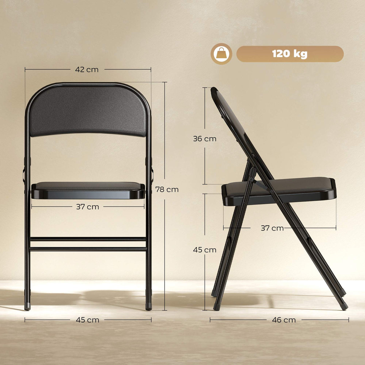 Folding Chairs Set of 6, Black Faux Leather, Steel Frame