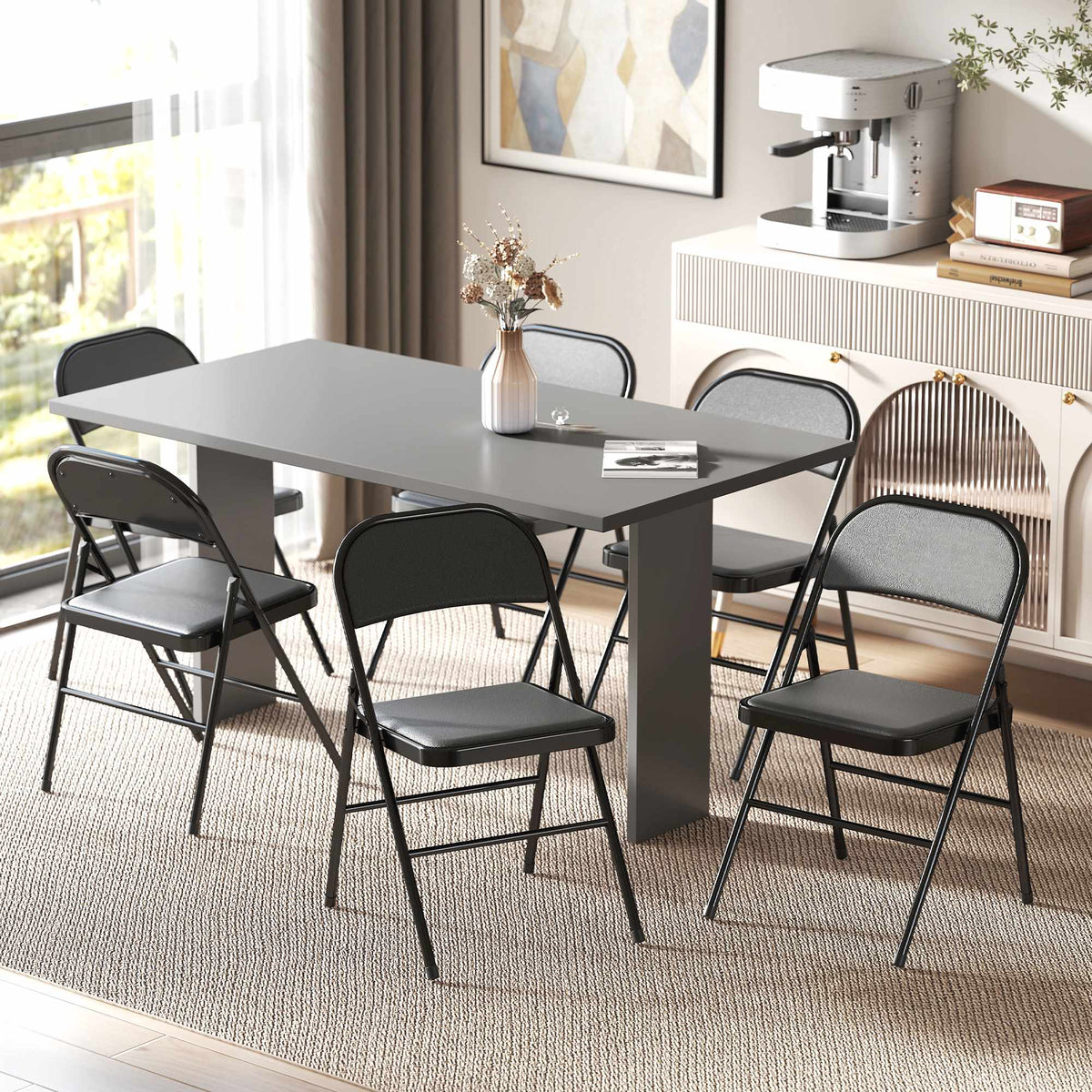 Folding Chairs Set of 6, Black Faux Leather, Steel Frame