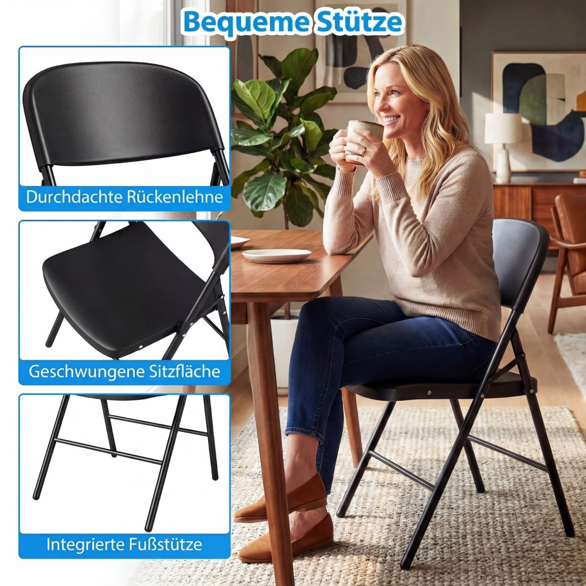 Folding Chairs Set of 6, Metal & Plastic, 150kg Capacity