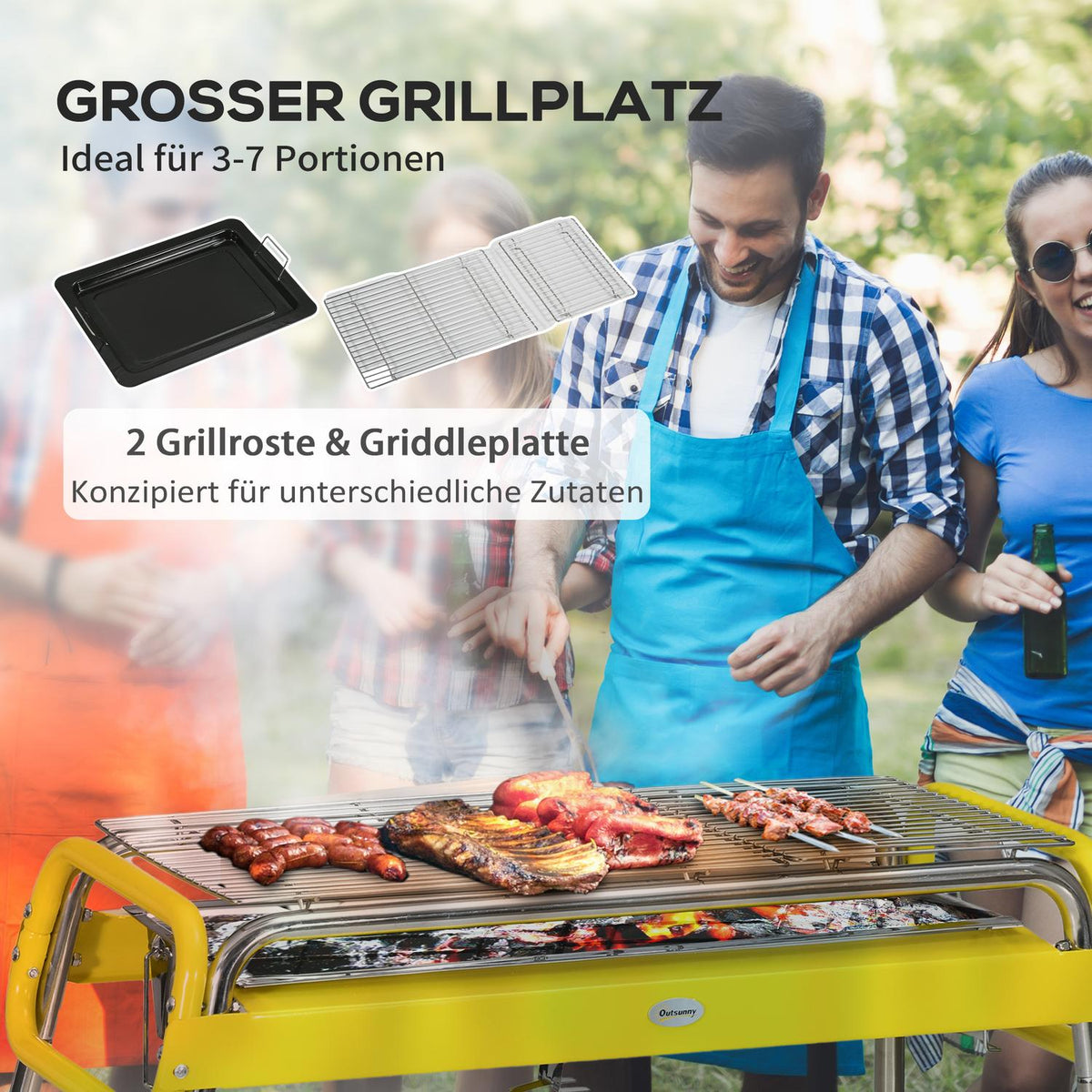 Folding Charcoal Grill, Bbq Grill With 2 Grill Grates, Grill Plate, Folding Legs, Removable Charcoal Tray, Stainless Steel