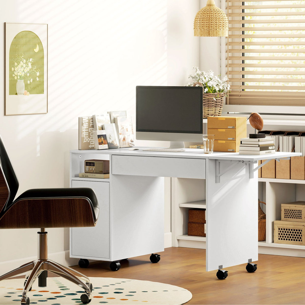 Folding Computer Desk with Cabinet and Drawer, White