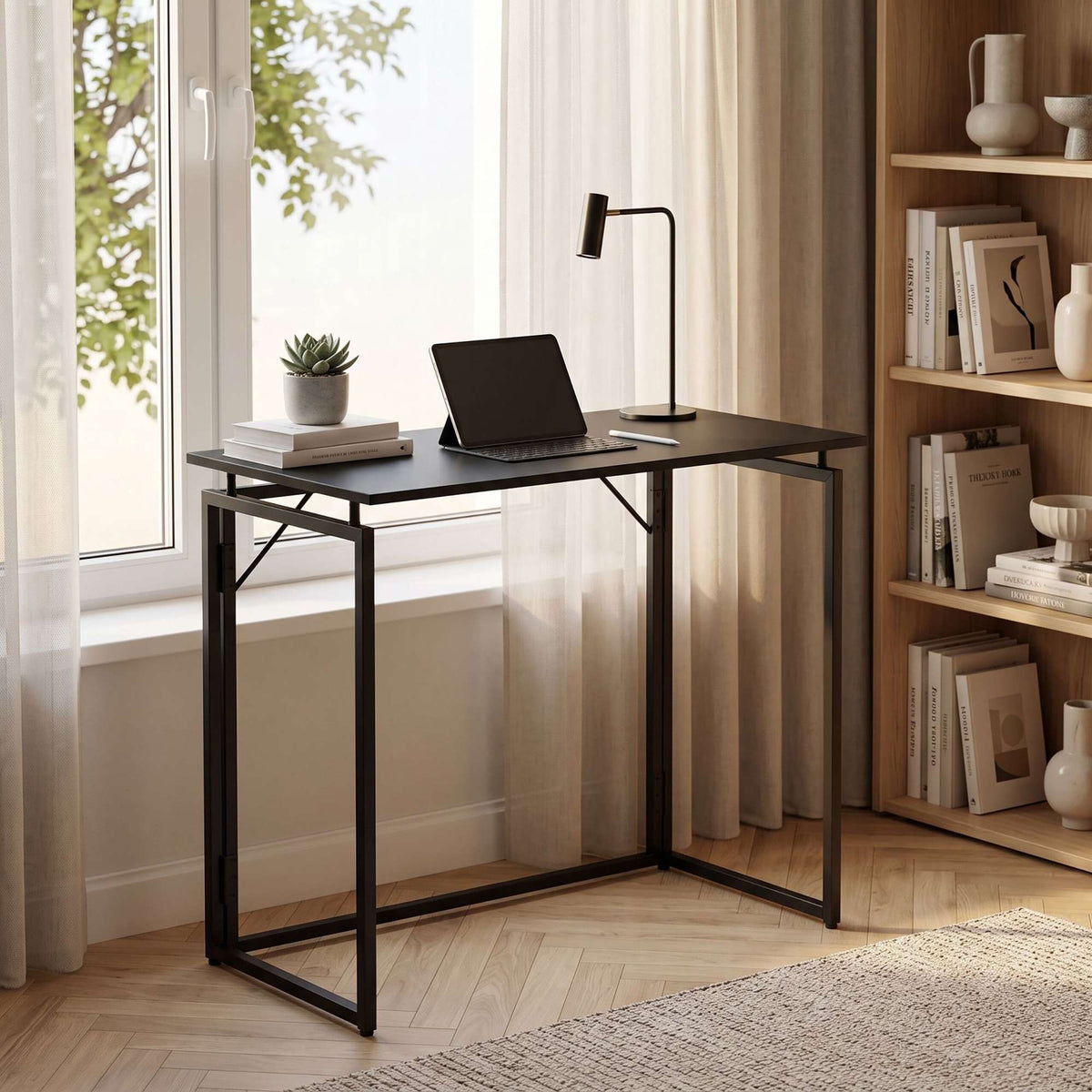 Folding Desk, Black – 100 x 50 cm, Wood & Steel