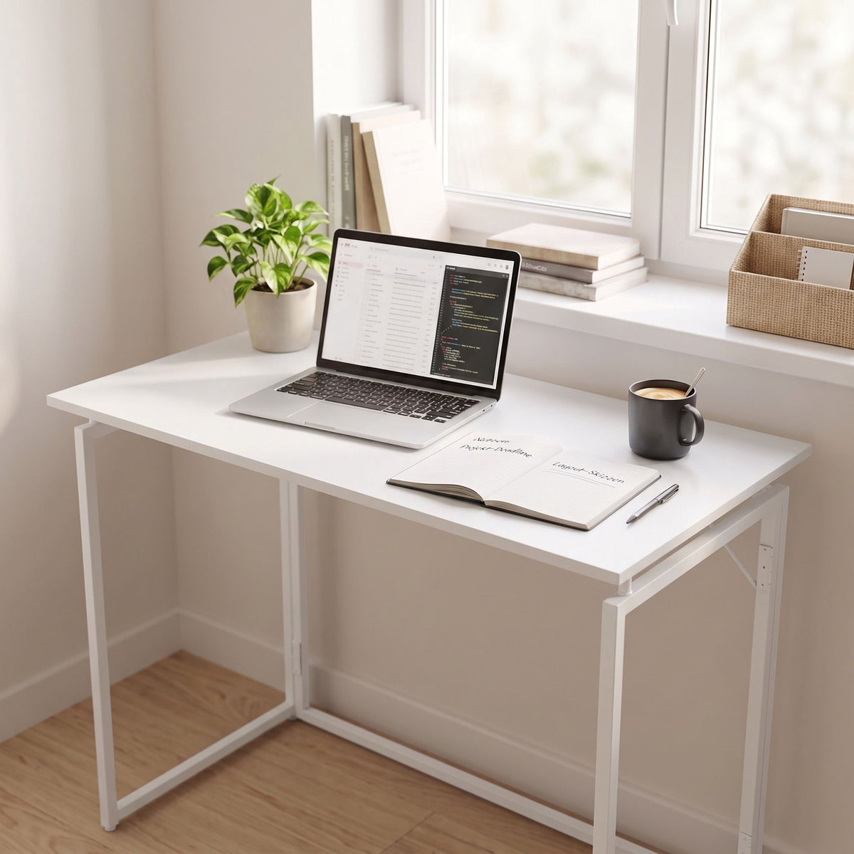 Folding Desk, White, 100x50 cm, Wood & Steel Frame