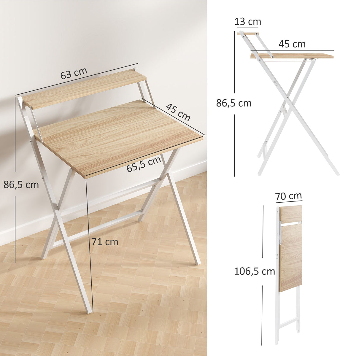 Folding Desk with Monitor Stand, 70 cm, Natural Wood