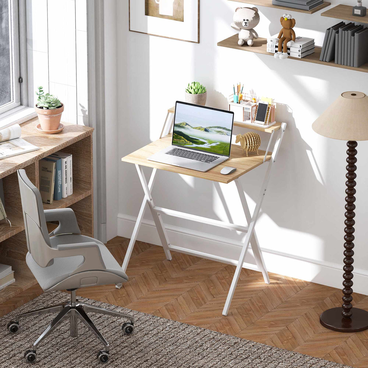 Folding Desk with Monitor Stand, 70 cm, Natural Wood