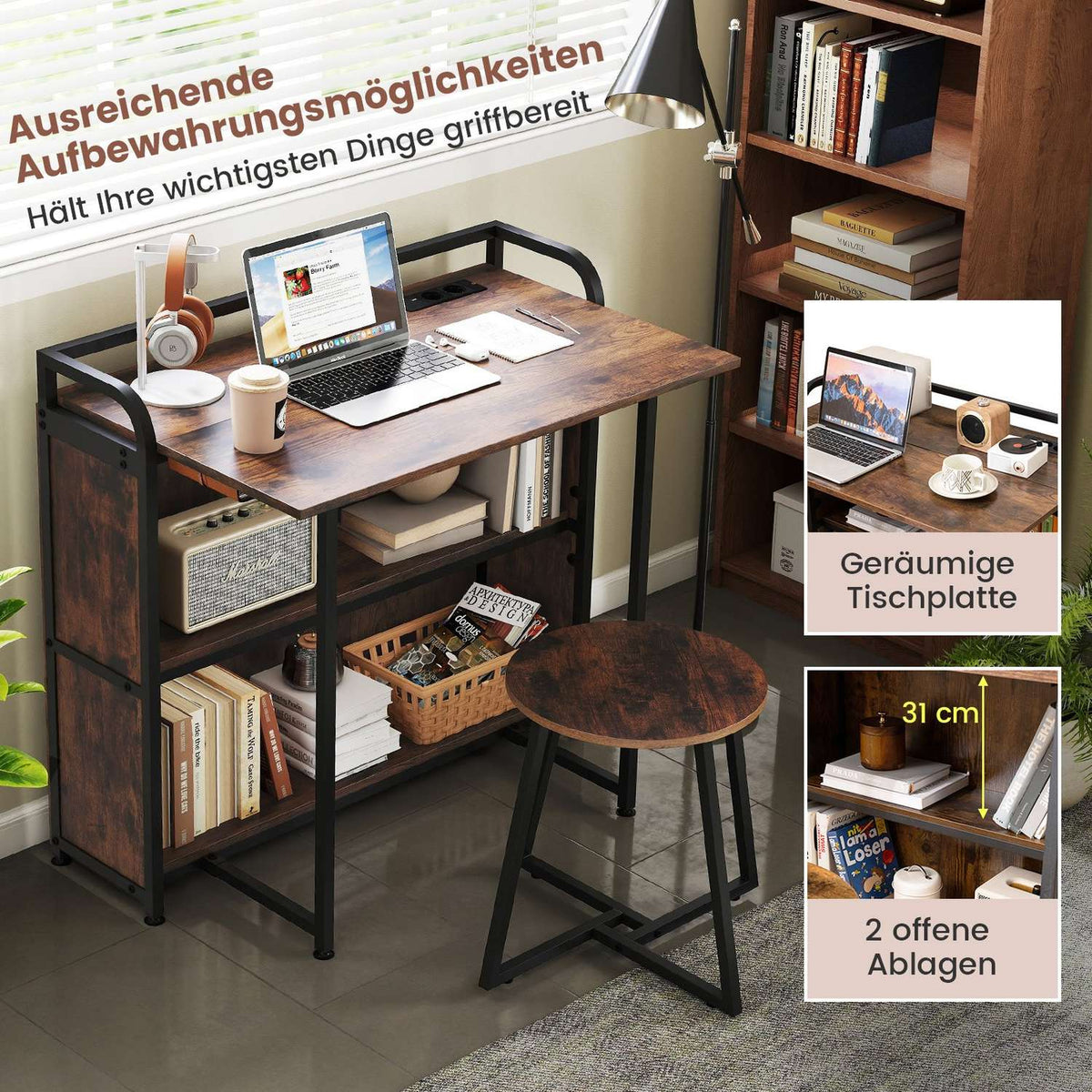Folding Desk with Power Outlet, Stool & Shelves, 90x55x83 cm
