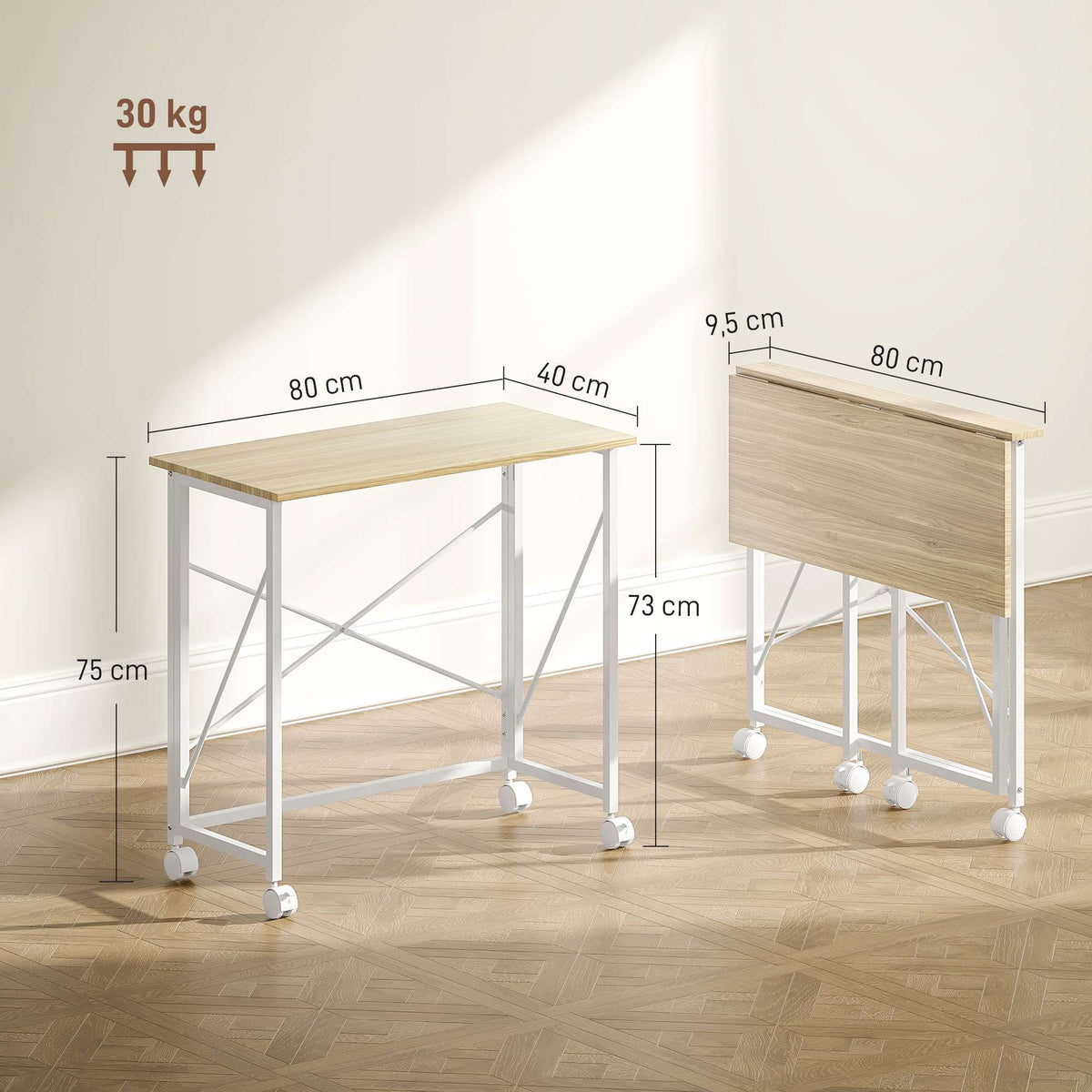 Folding Desk with Wheels, Space-Saving, Steel MDF, Natural