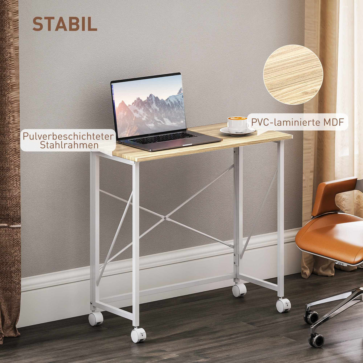 Folding Desk with Wheels, Space-Saving, Steel MDF, Natural